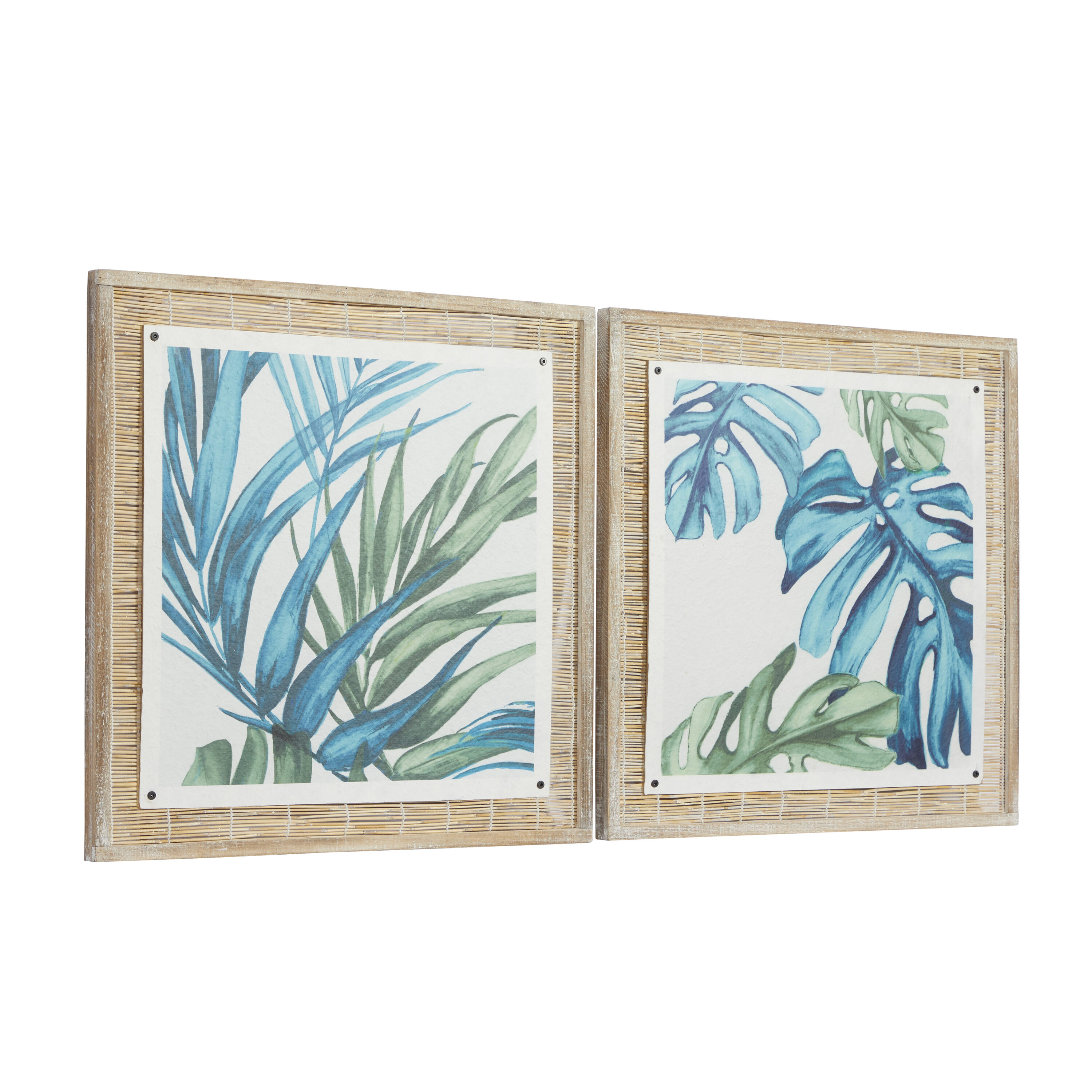 Blue and Green Abstract Leaf Wall Art with Brown Wood Frame, Set of 2