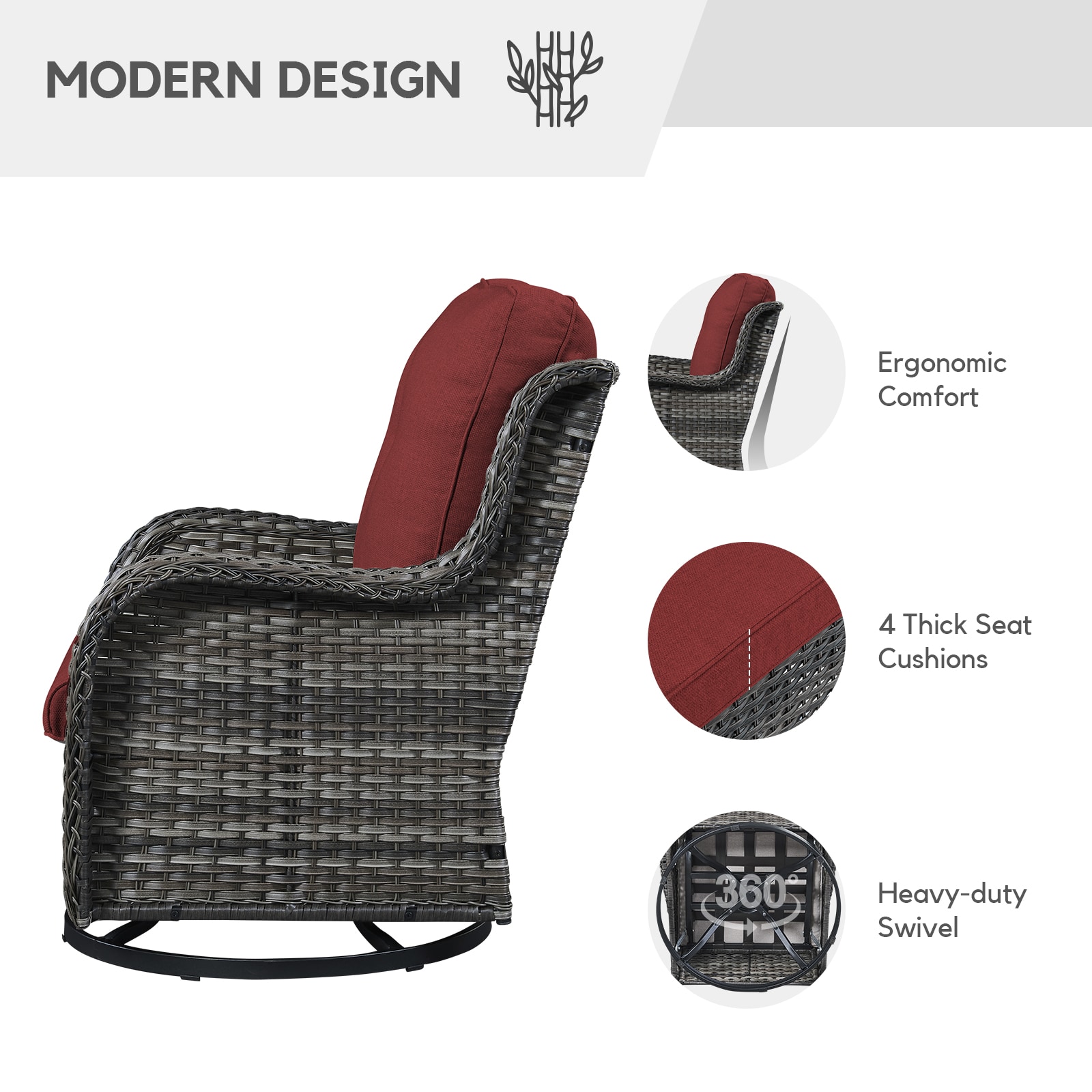 Grey and Red Outdoor Wicker Rocking Lounge Chairs with Cushions