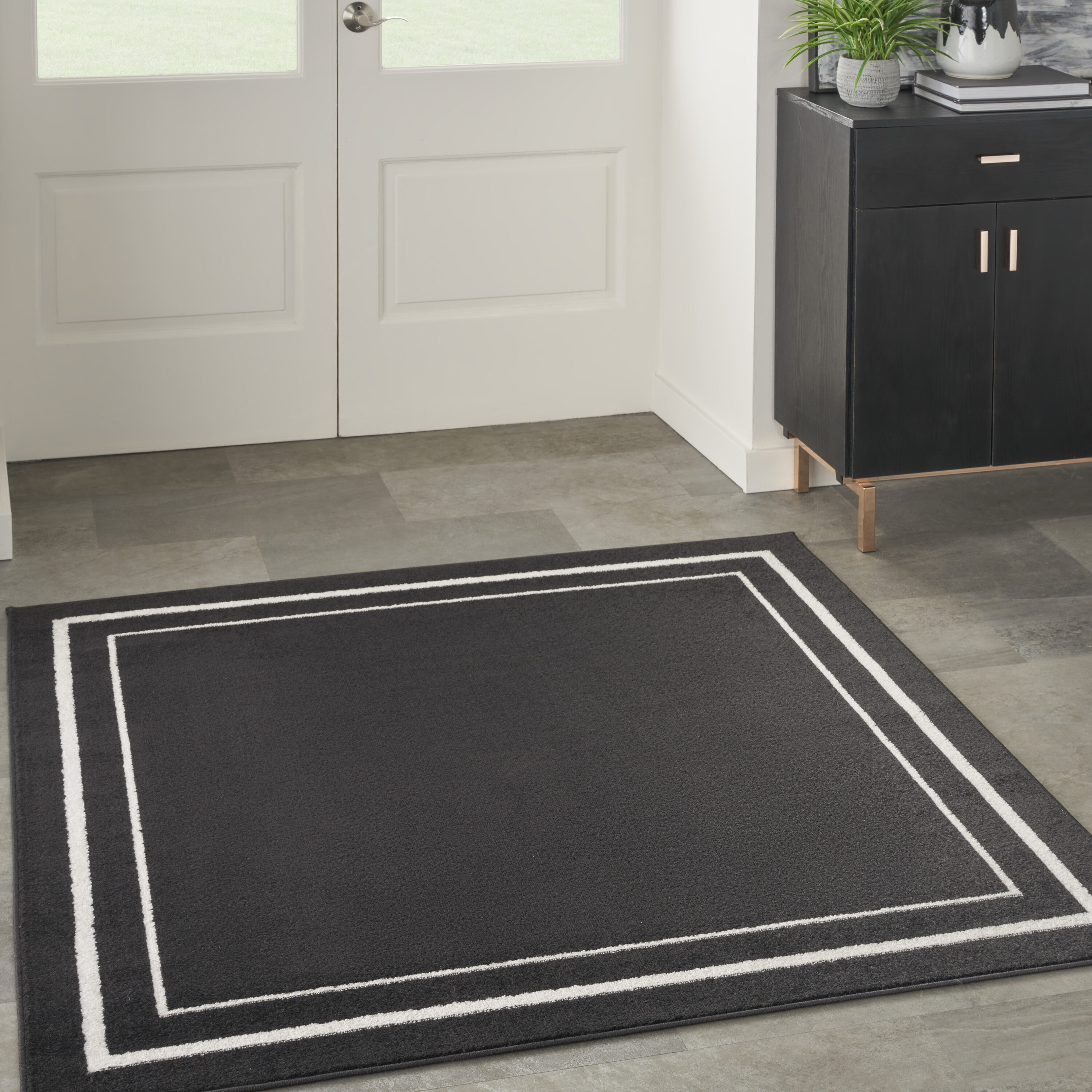 Nourison 099446137425 Essentials 5 x 5 (ft) Loomed Polypropylene Black Ivory Square Indoor/Outdoor Area rug