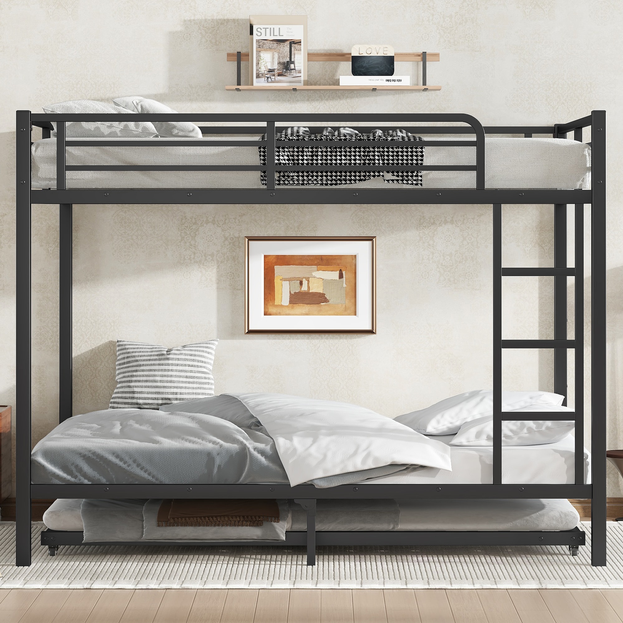 Dimakai Black Full over Full Metal Bunk Bed with Twin Size Trundle