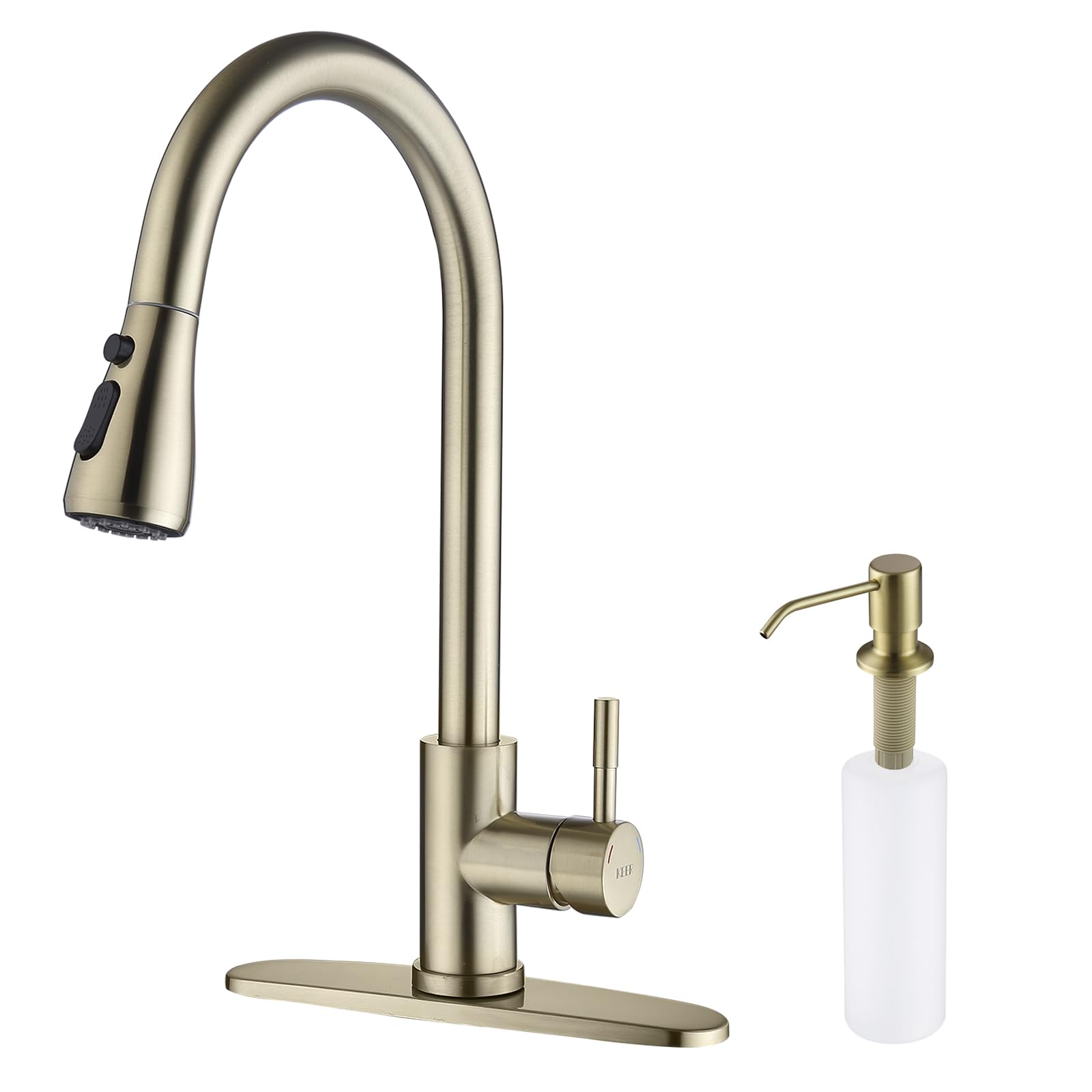 Oyezvary  Gold Single Handle Pull Down Kitchen Faucet with Soap Dispenser 3 Modes Sprayer Easy Assembly Single Handle High Arc Stainless Steel