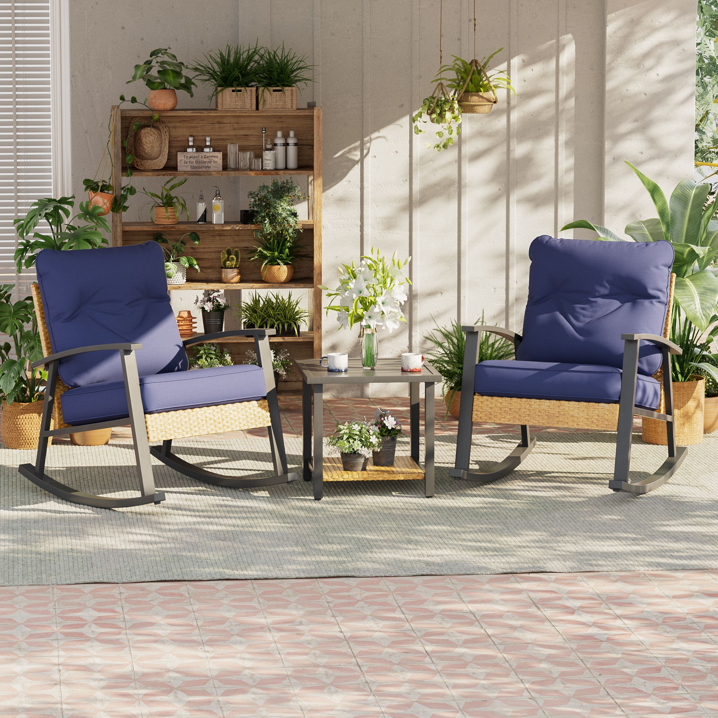 ACEGOSES LW-L3-63-BN-2 Adirondack Chair 3 -Piece Wicker Patio Conversation Set