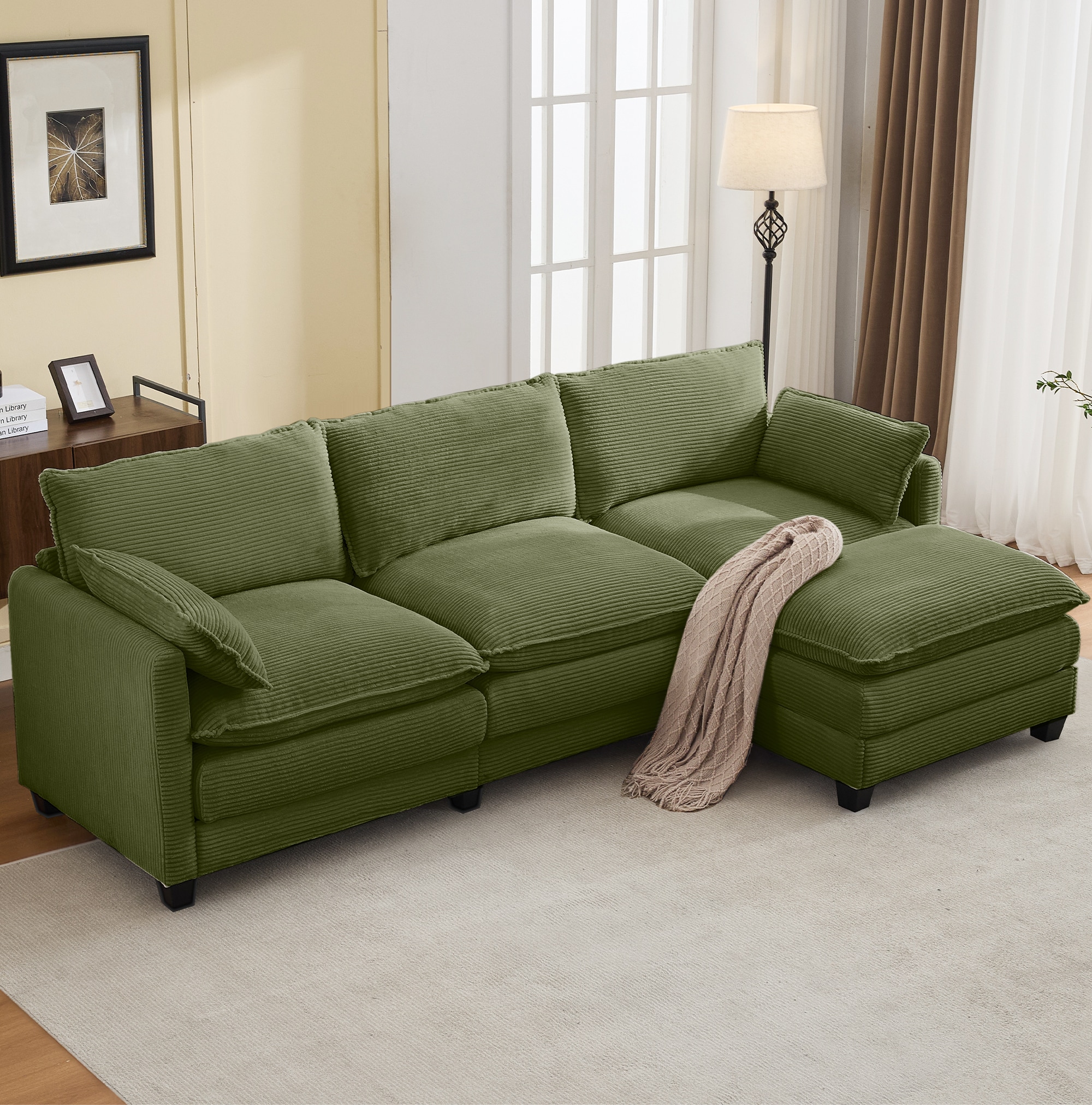 JEAREY - Sectional sofa 104-in W - Cloud Couch with Movable Ottoman - 4 Seat Modern Corduroy Sofa...