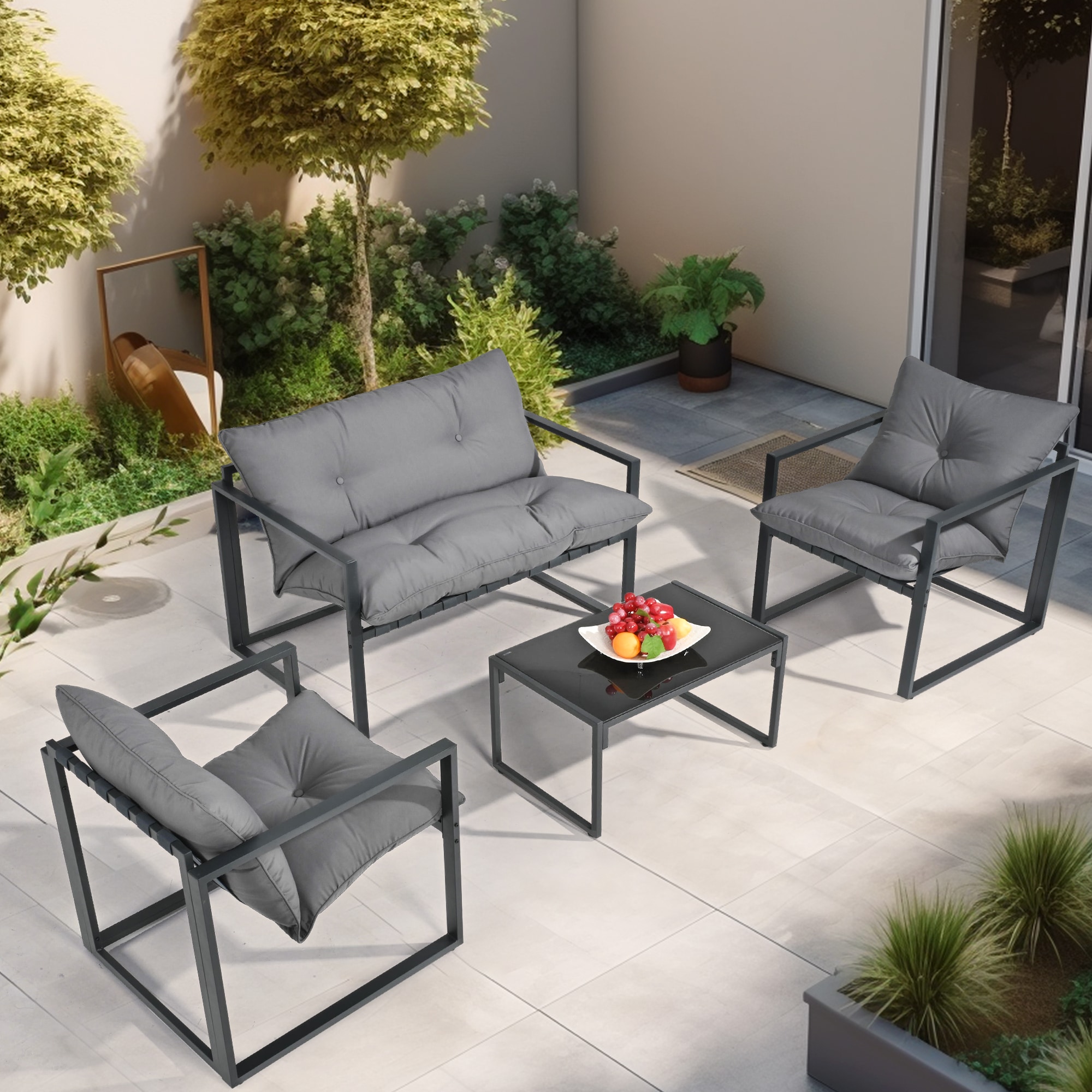 PamaPic TB-ZD4-H-WL1 4 -Piece Patio Conversation Set with Gray Cushions