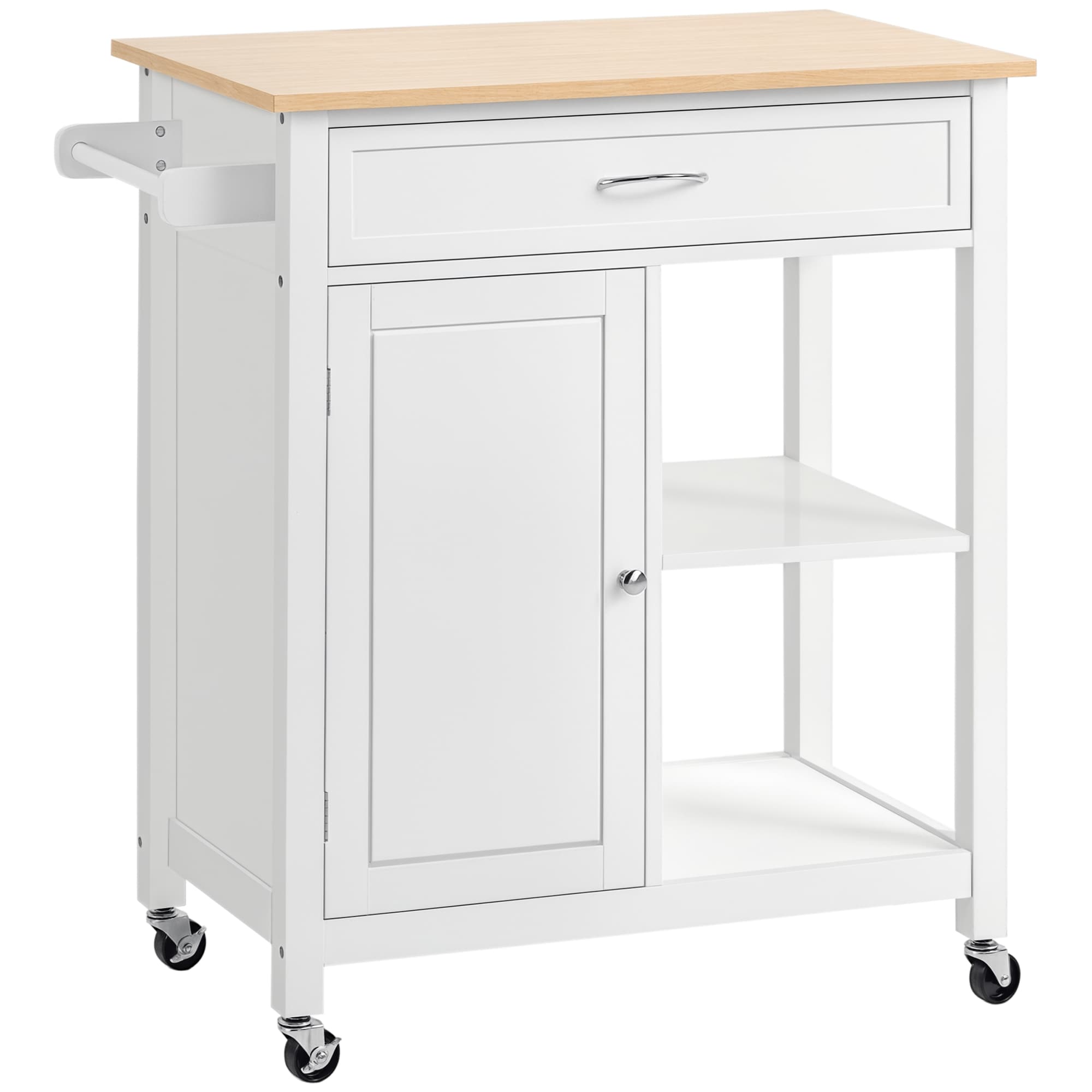 HomCom 801-214V80WT Kitchen Island Cart Rolling Kitchen Island with Storage Shelf Solid Wood Top Drawer for Dining Room White