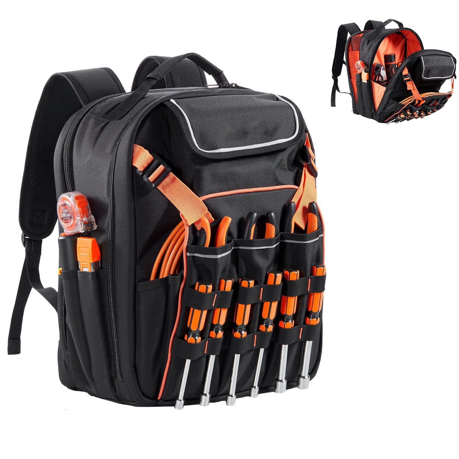 Mecale 45-Pocket Tool Backpack Lightweight 1680D with Laptop Compartment and 4 Plastic Feet Black and