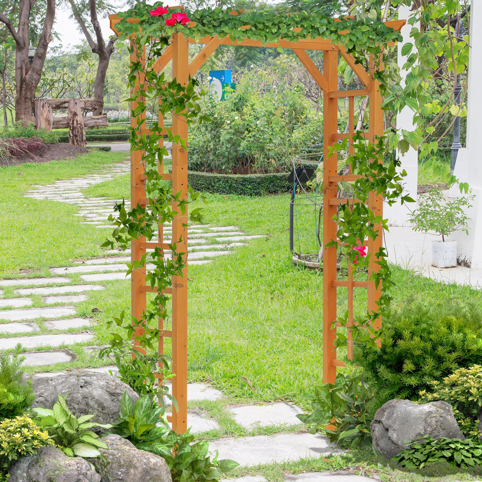 Wooakway 85 in Wooden Garden Arbor for Wedding and Ceremony Outdoor Garden Arch Trellis for Climbing Vines Orange