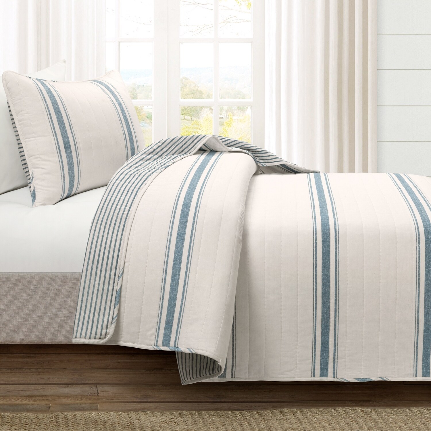 Blue and Off-White Striped Cotton Twin XL Reversible Quilt Set