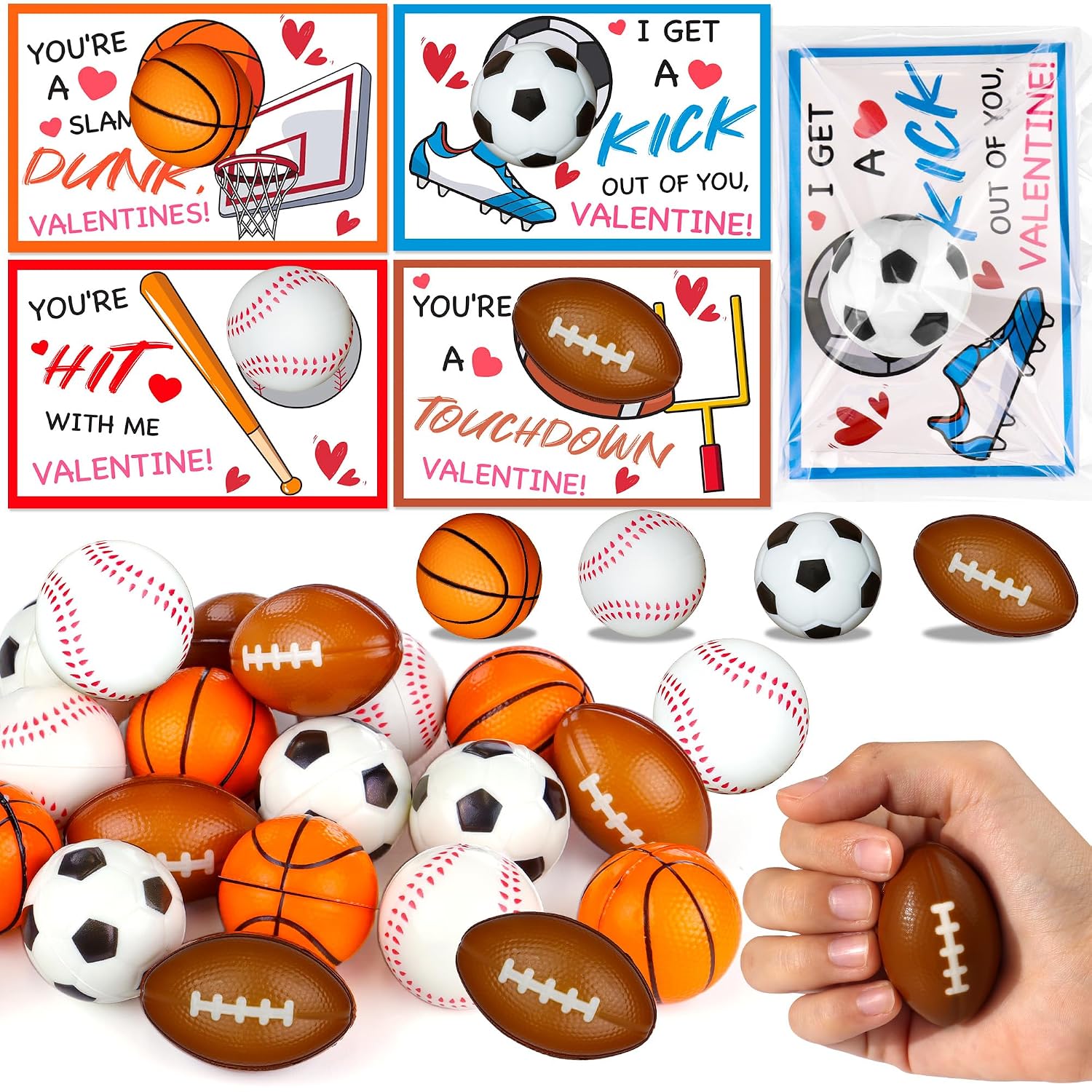 FLYSNK 28 Pack Valentine's Day Stress Ball and Greeting Card Set with Gift Bags - Sports Themed Classroom Exchange Favors for Kids