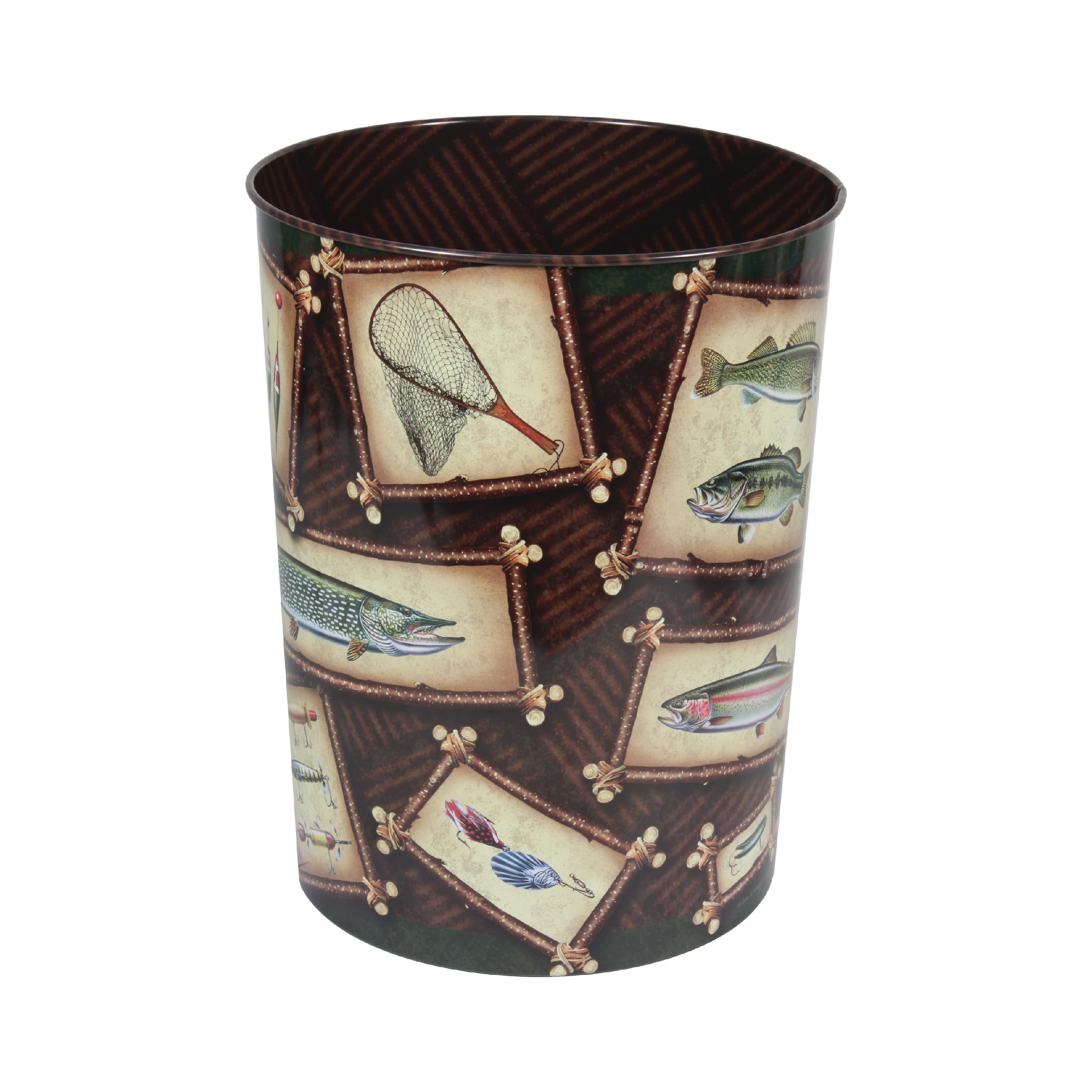 Fishing Theme Tin Waste Basket with Lodge Art