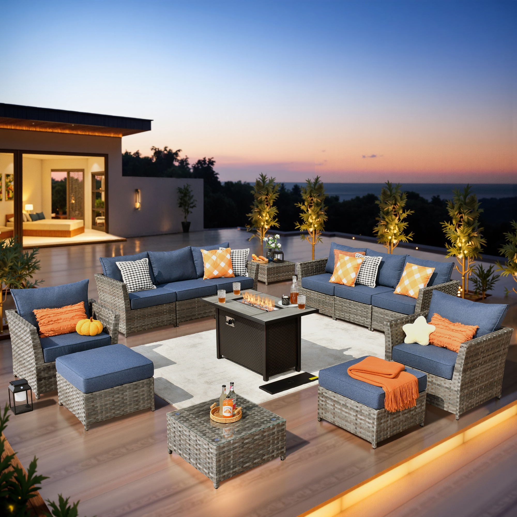 Ovios RFP03BS304 13 -Piece Wicker 2 Patio Sofa Conversation Set with Blue Cushions