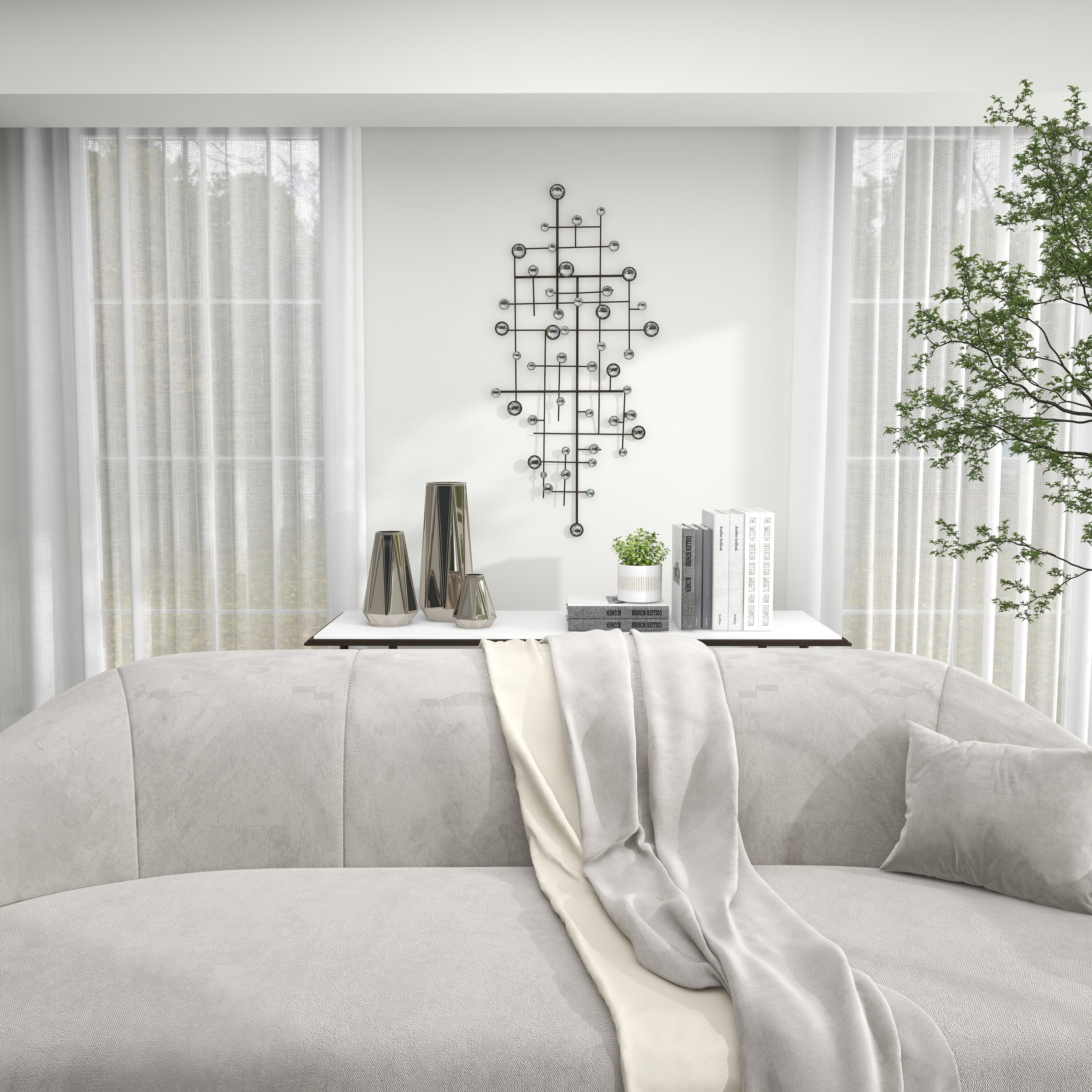Silver Geometric Metal Wall Sculpture with Glass Beads