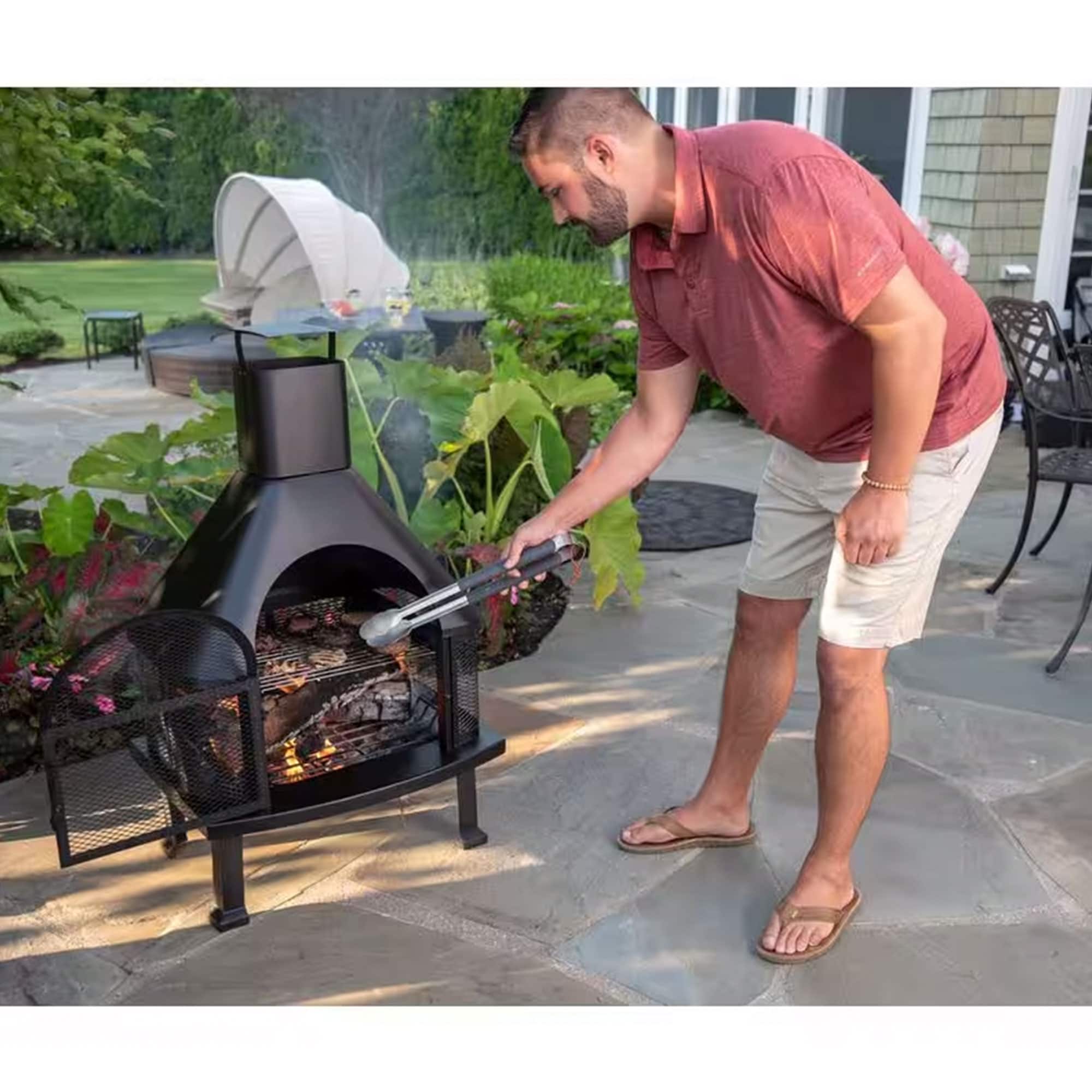 Black Steel Free-Standing Wood Burning Chimenea Fire Pit