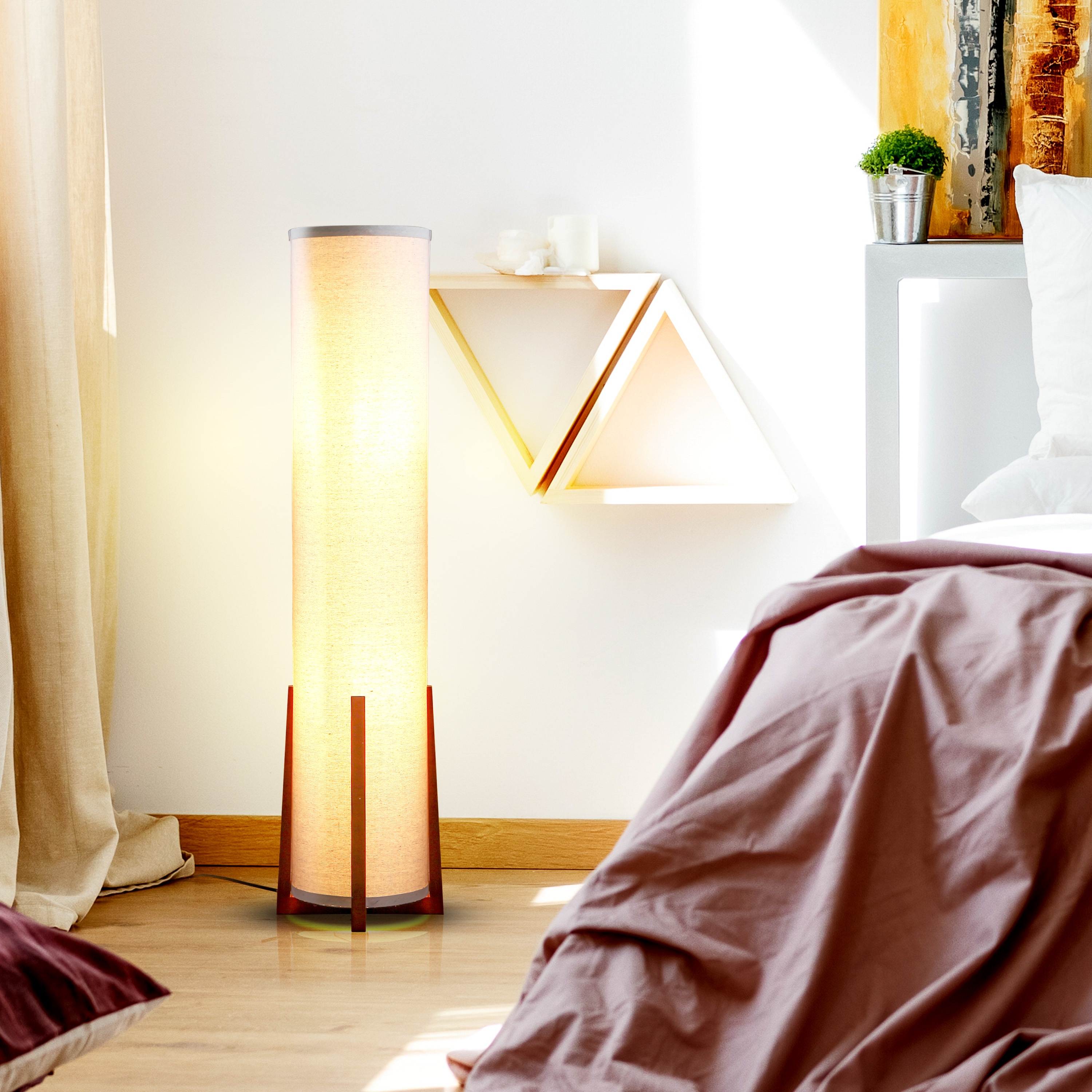 48-Inch White Linen and Wood Floor Lamp with LED