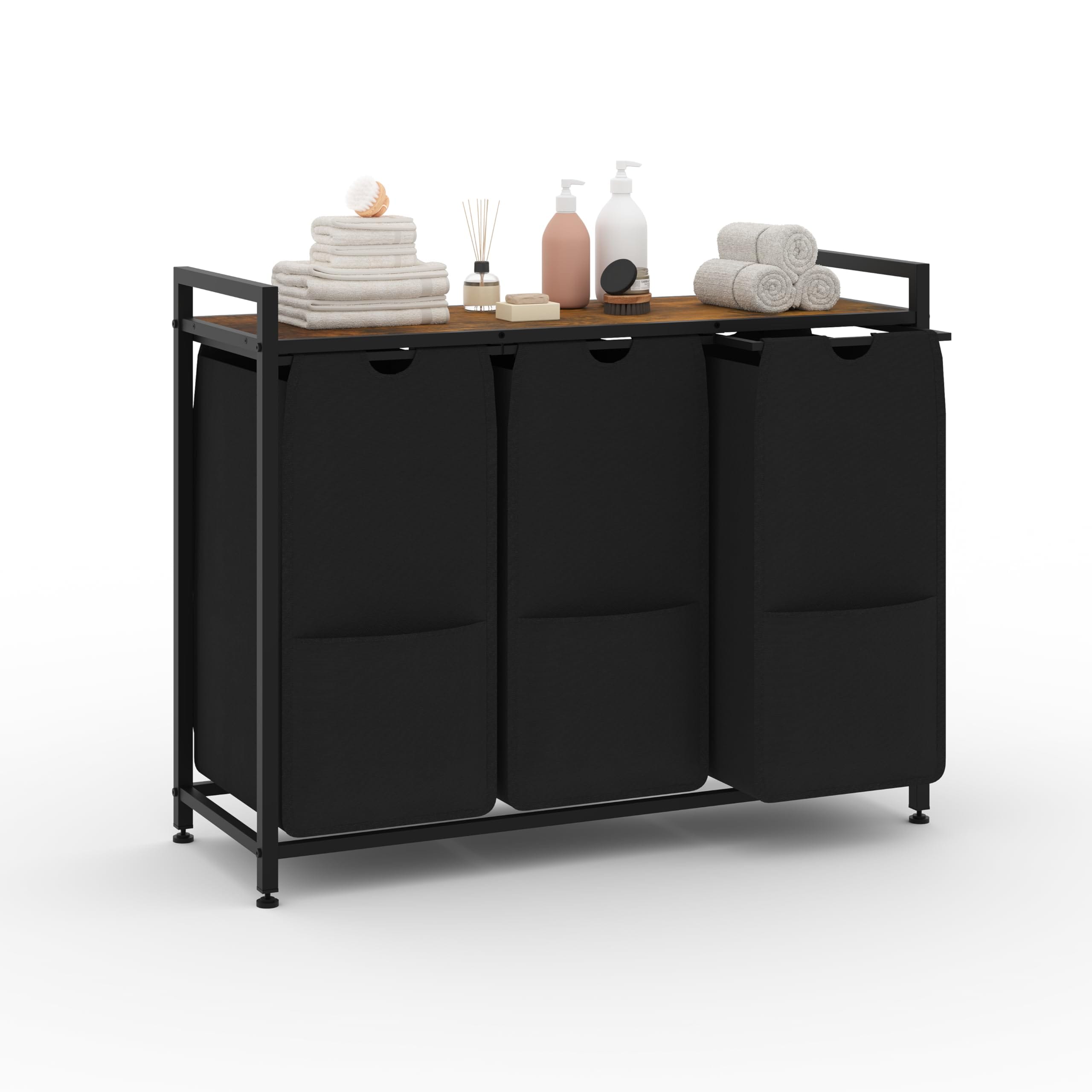Garvee 3 Section Laundry Sorter Triple Pull-Out Laundry Hamper Organizer with Shelf and Removable Bags Black Freestanding Metal Clothes Basket