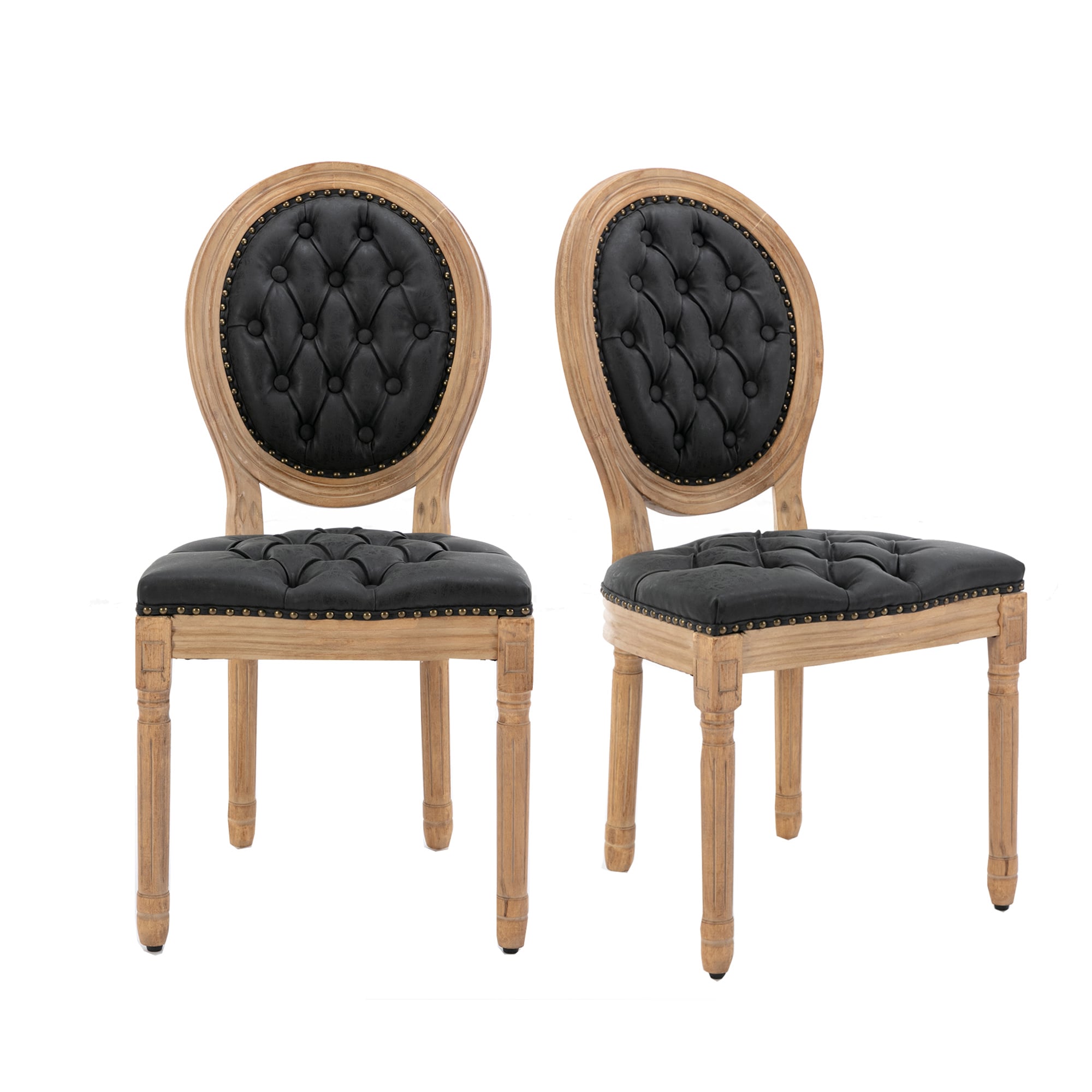 Hrinhom HC-W7004-BLACK Set of 2 Traditional Faux Leather Upholstered Dining Side Chair (Wood Frame)