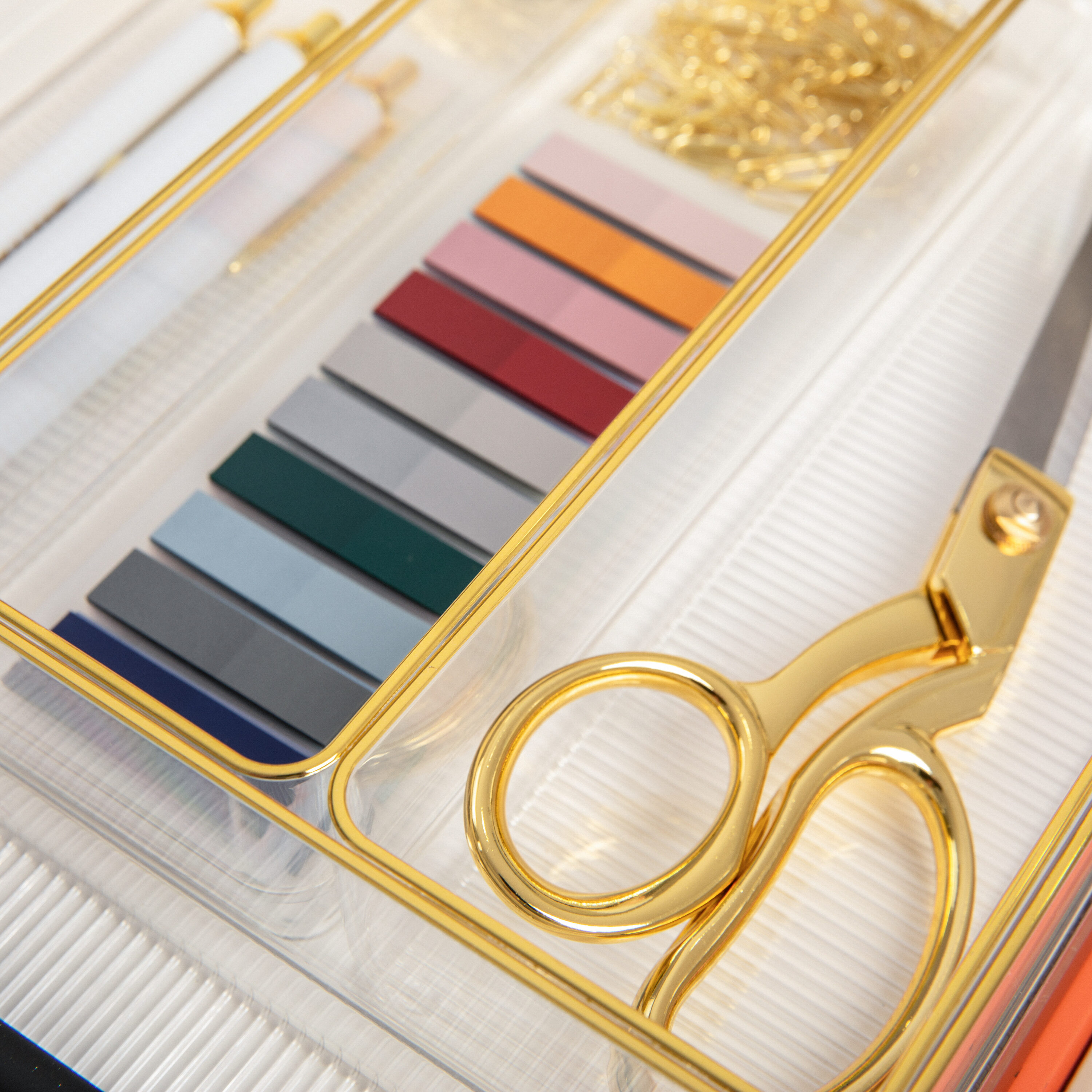 Martha Stewart Clear Plastic Stackable Desk Drawer Organizers with Gold Trim, 12" x 3"