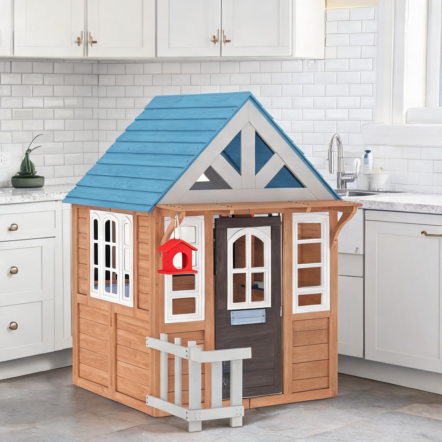 Watnature - Outdoor fir wood playhouse with kitchen pet door and garden features warm brown