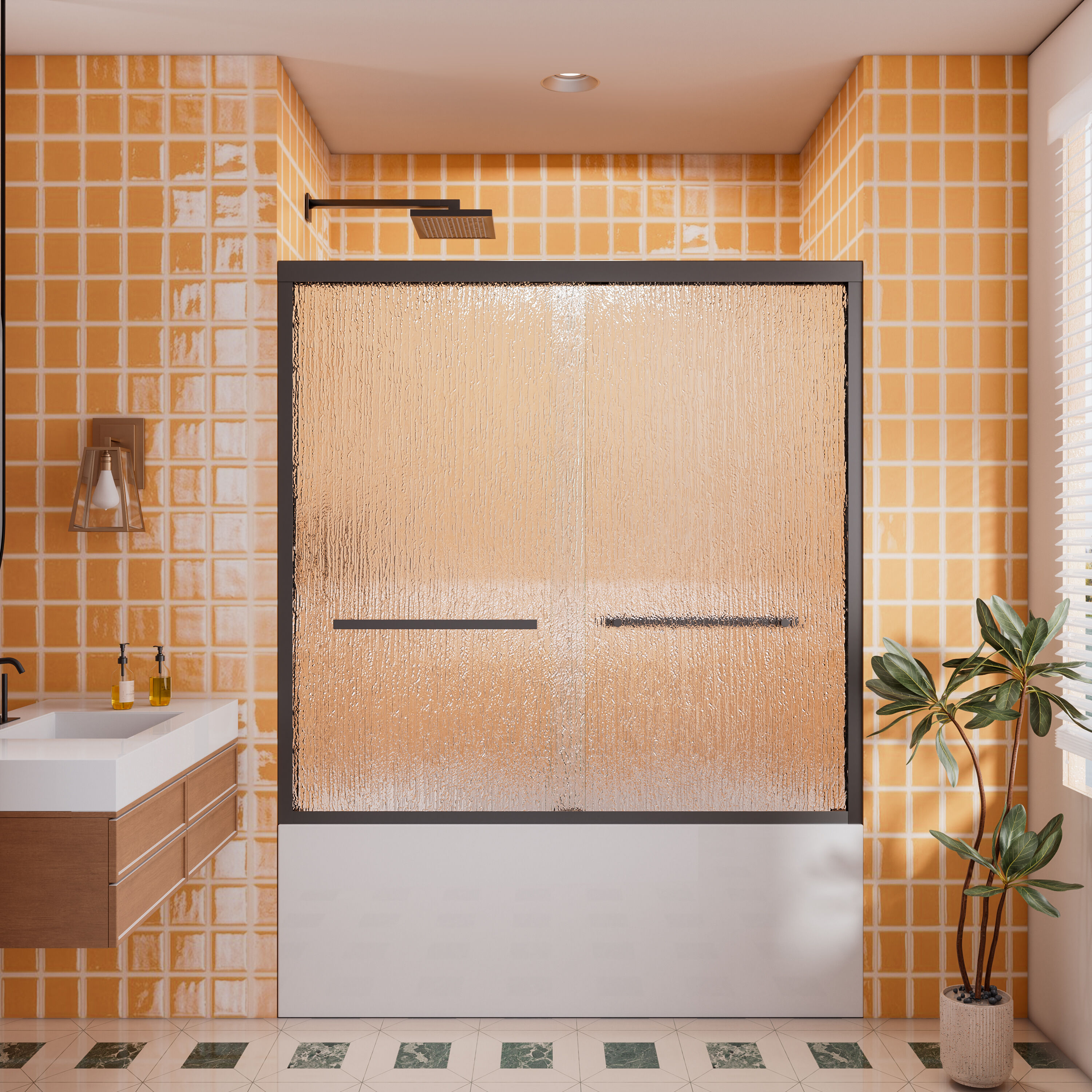 Yuaris 56 in. - 60 in. W x 58 in. H Bypass Double Sliding Framed Tub Door in Matte Black with Rain Glass