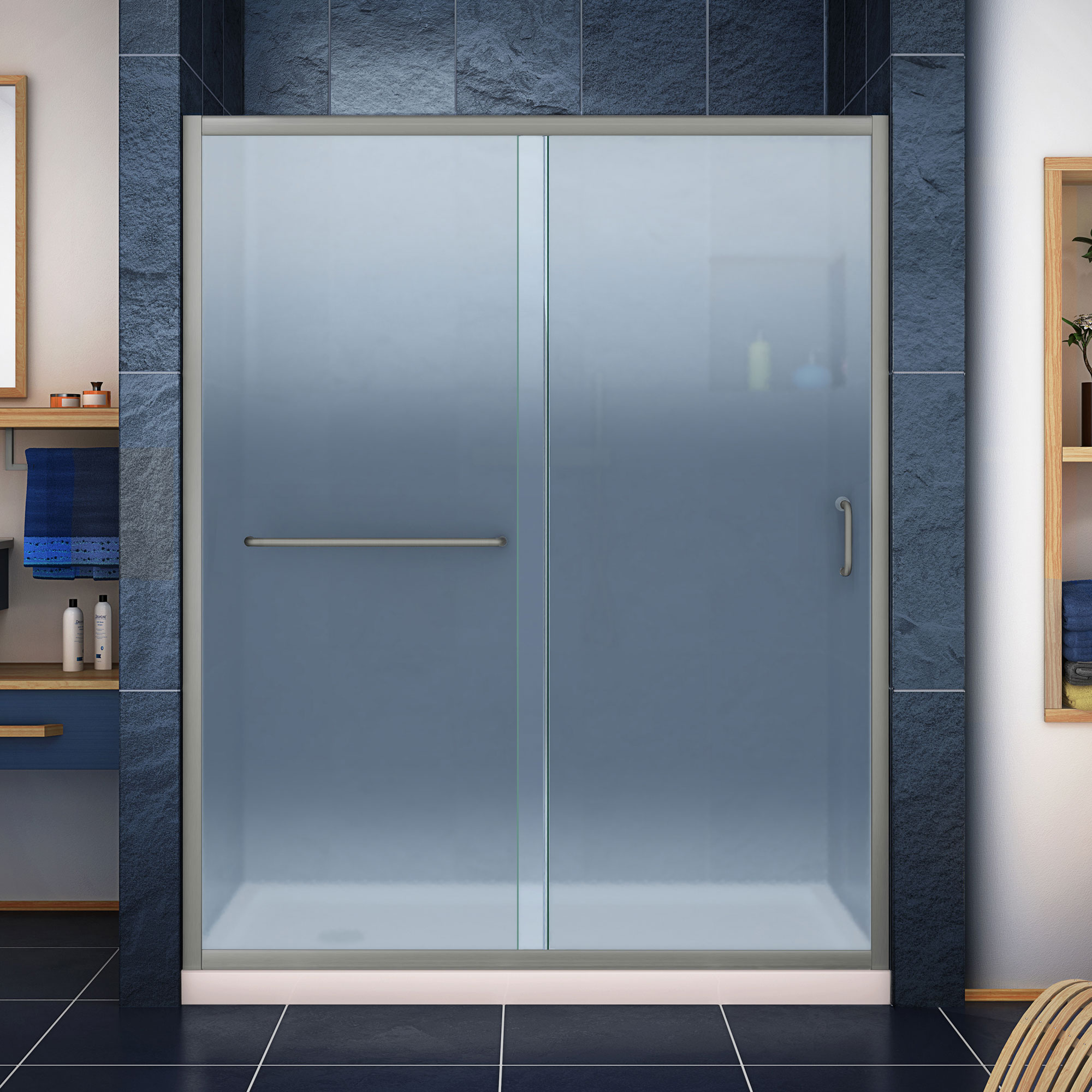 DreamLine DL-6970L-22-04F Infinity-Z 2 -Piece 60-in W x 30-in L x 75-in H Rectangular Alcove shower kit ( Left Drain) Base and Door Included Brushed nickel Hardware Included