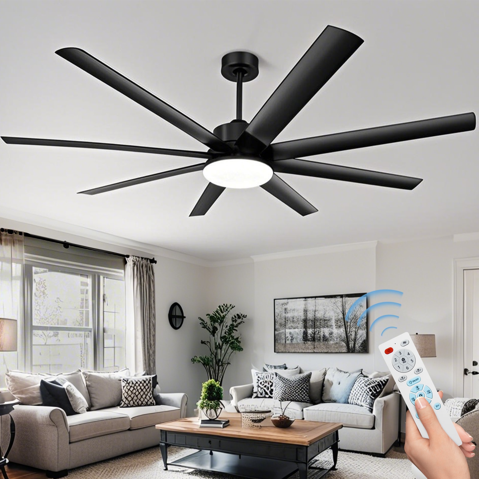 Ltemziiy  72 In Matte Black Indoor/outdoor Large Ceiling Fans With Light Kit And Remote Control