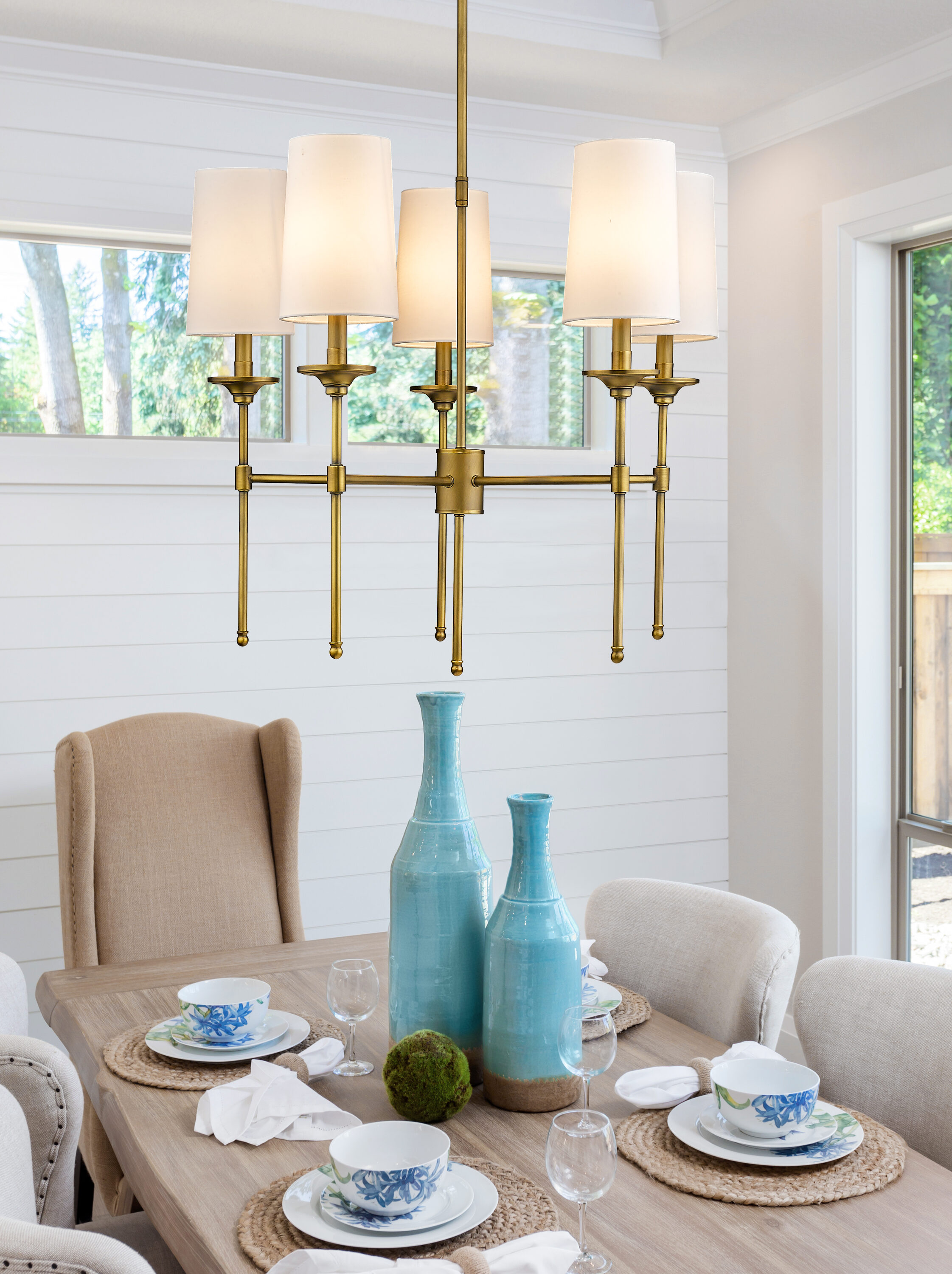 Emily Rubbed Brass 5-Light Chandelier with Off-White Shades