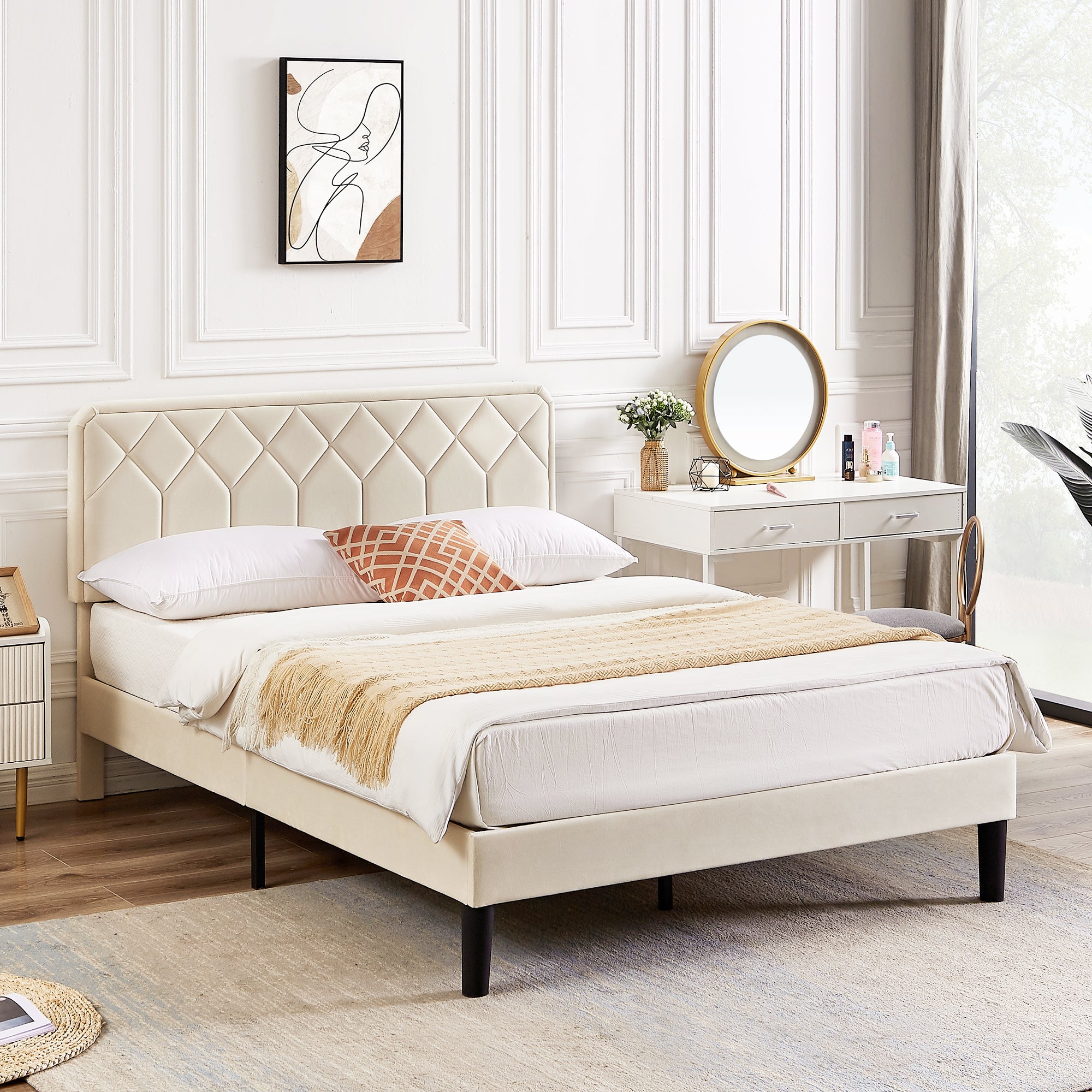 Vecelo LOE-CY-FB02-BGE Full Size Linen Upholstered Bed Frame with Adjustable Headboard Mattress Base Beige