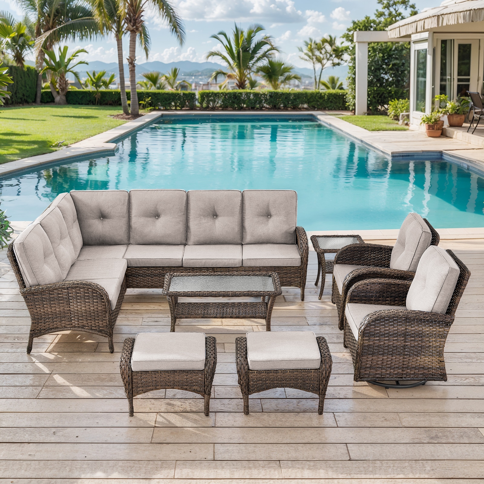 Pocassy PAnorama Series Wicker Outdoor Sectional with Beige Cushions and Steel Frame