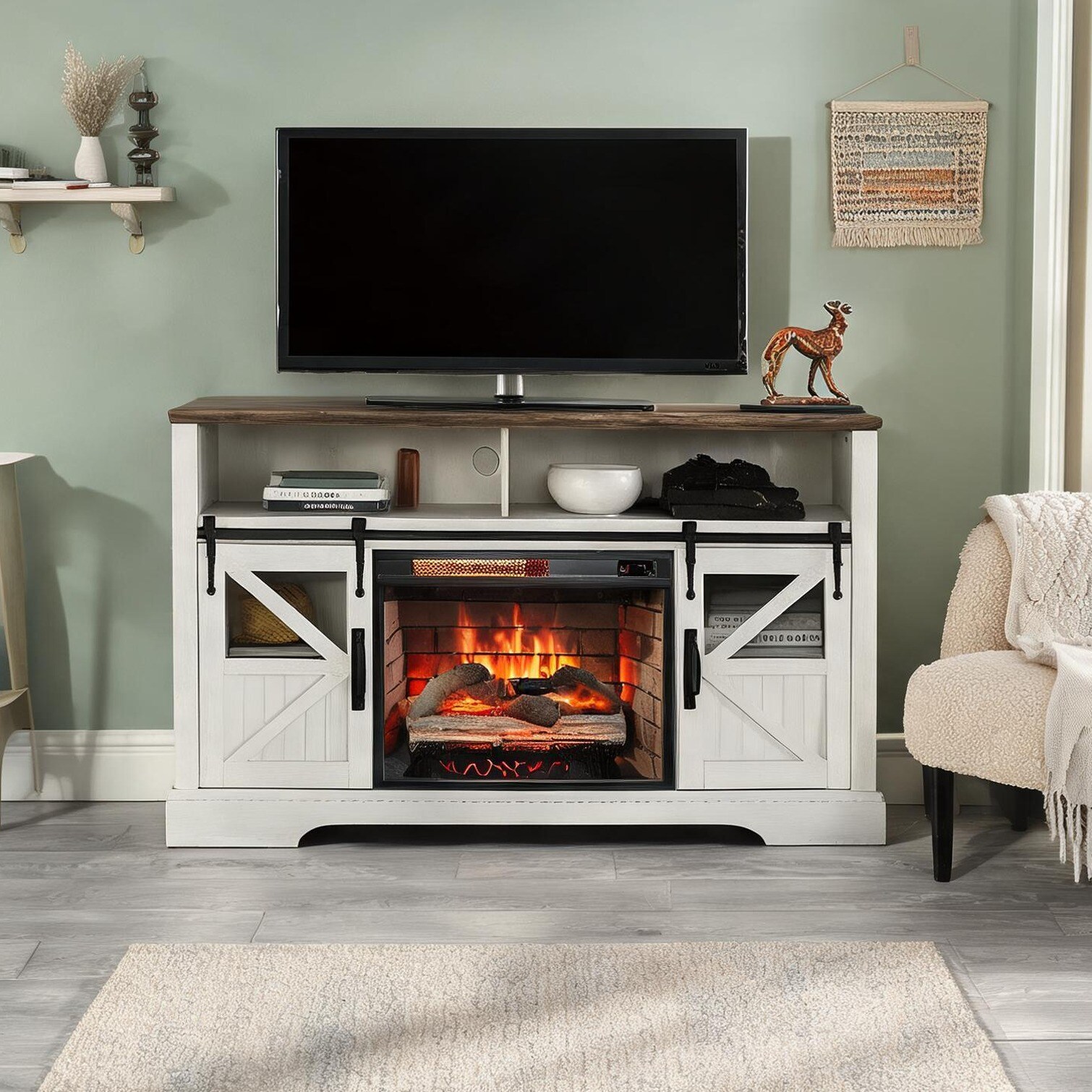 SunJet White-Toned Wood 60-Inch Electric Fireplace Entertainment Center with Door Sensor Modern Farmhouse TV Stand