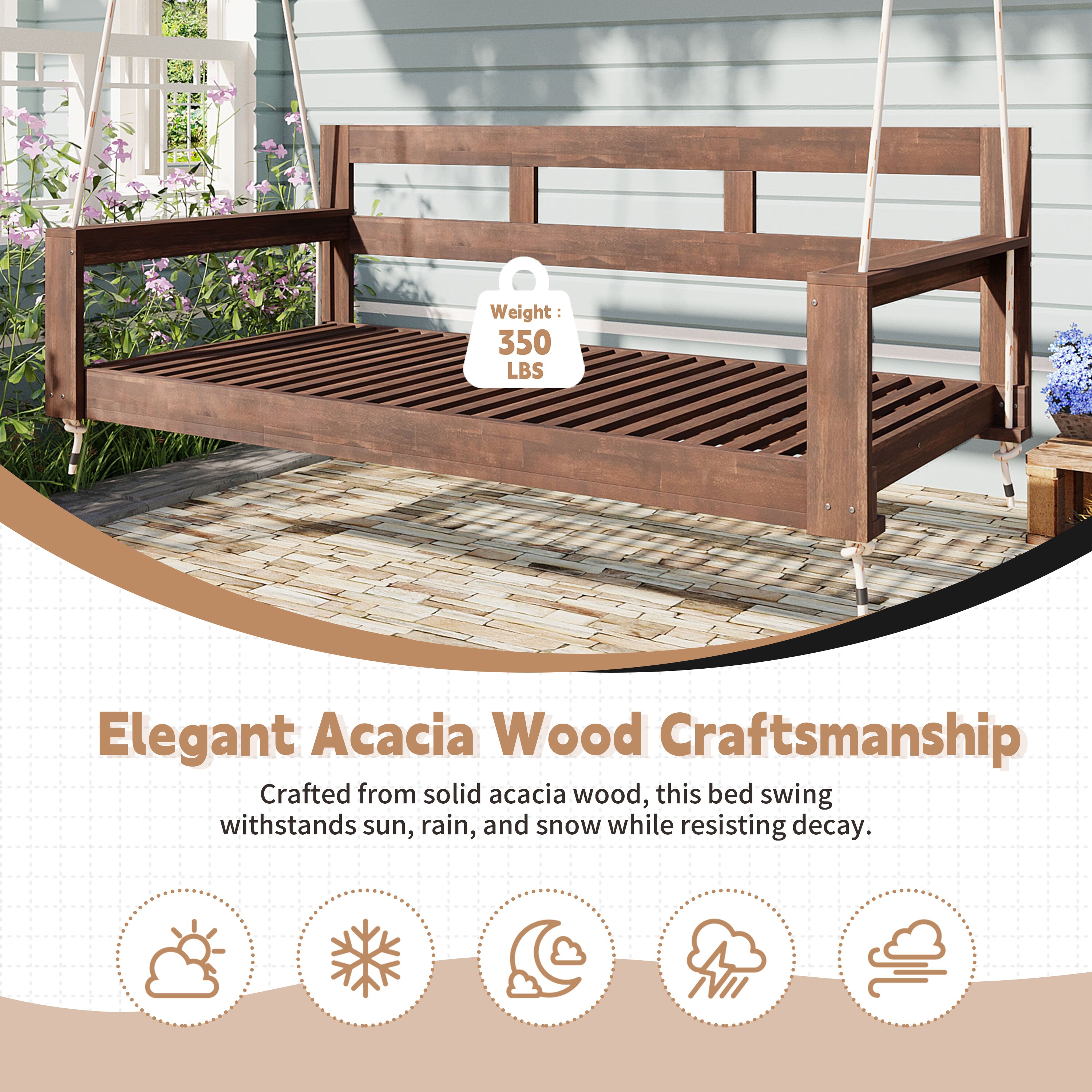 PetriMins Farmhouse Twin Patio Swing Bed Solid Acacia Wood Outdoor ...