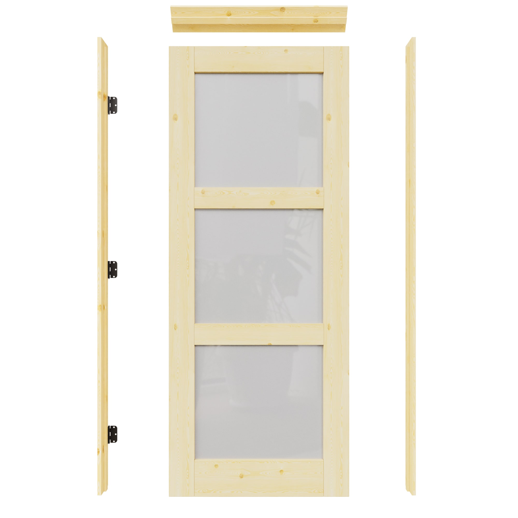 JUJUBON IN-PRESM3GG-32-R 32-in x 80-in Natural Quickly Assemble Jamb Solid core 3-panel square Frosted glass Right hand Textured Unfinished Pine Wood Flat Jamb Single Prehung Interior Door