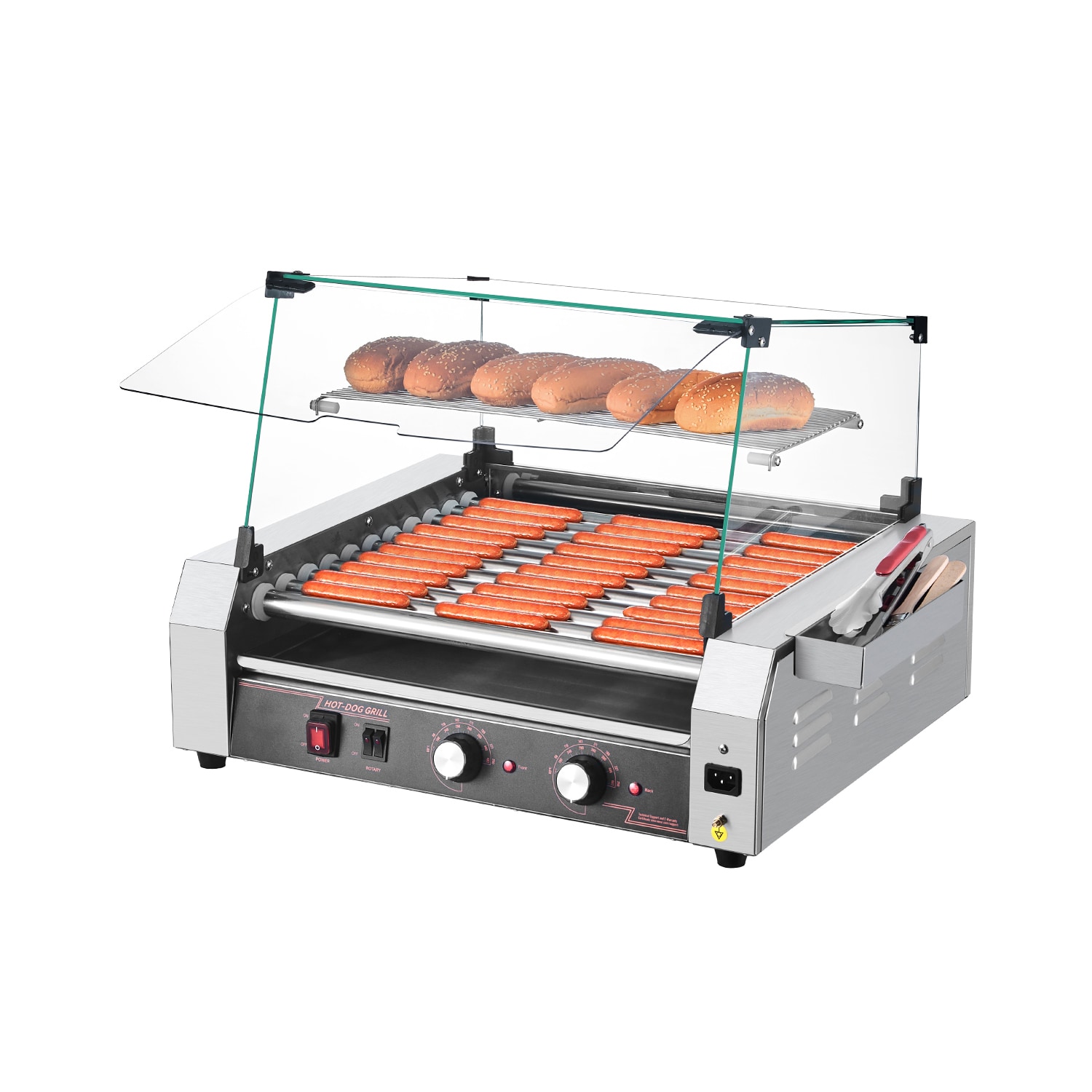 VEVOR SCSYGDSRGJ1111319V1 Hot Dog Roller 30 Hot Dog 11 Rollers Stainless Steel Sausage Grill Cooker 1600W Commercial Hot Dog Machine with Dual Temp Control Cover Side Storage Box Removable Shelf and Oil Drip Tray
