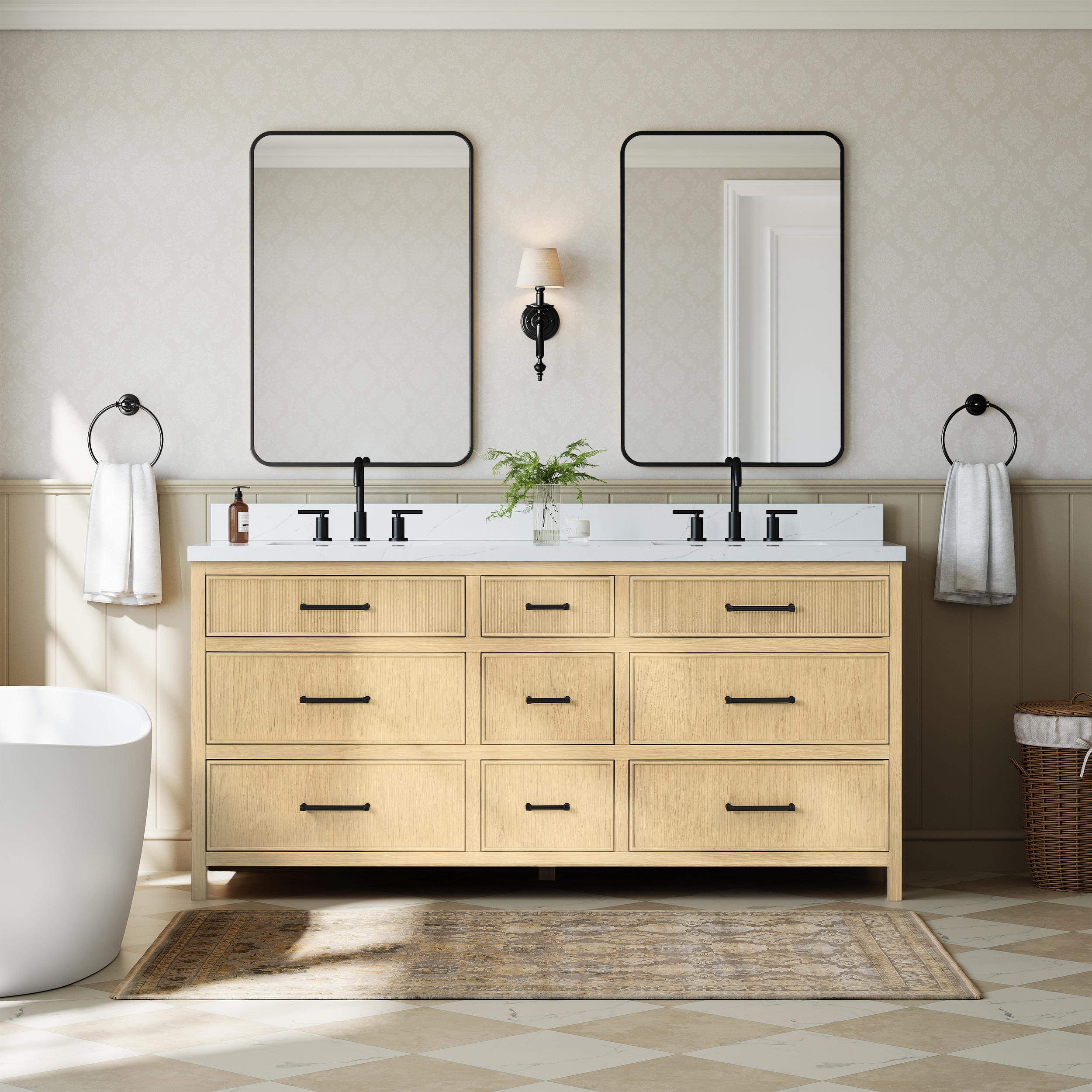 Wyndham Collection Isola 72 Inch Double Bathroom Vanity in Scandinavian Oak, Giotto Quartz Countertop, Undermount Square Sinks (3-Hole), Matte Black Trim