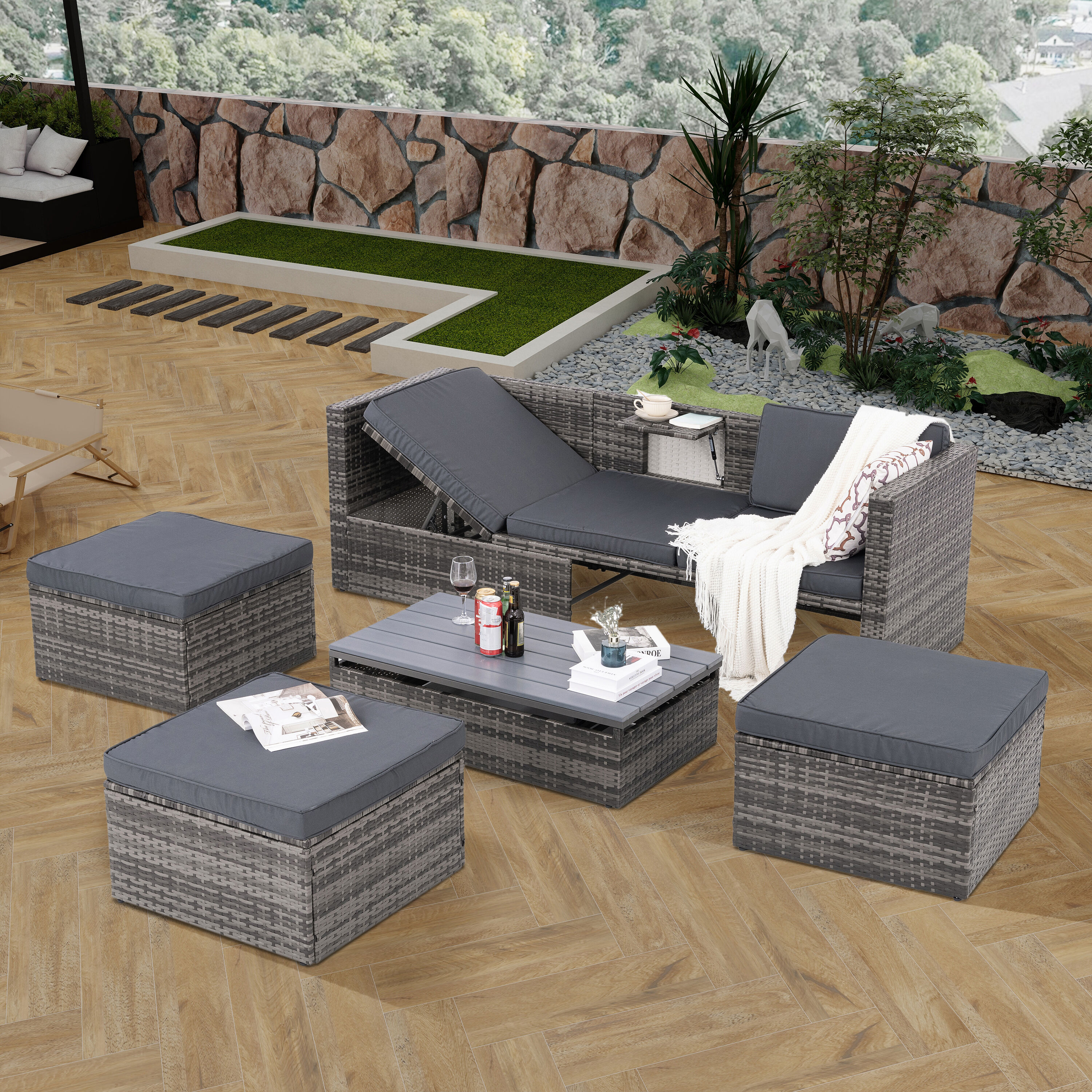 Bayfeve BFGS-22593-GZB Outdoor Furniture Set 6-Piece Wicker Patio Sofa Conversation Set with Gray Cushions