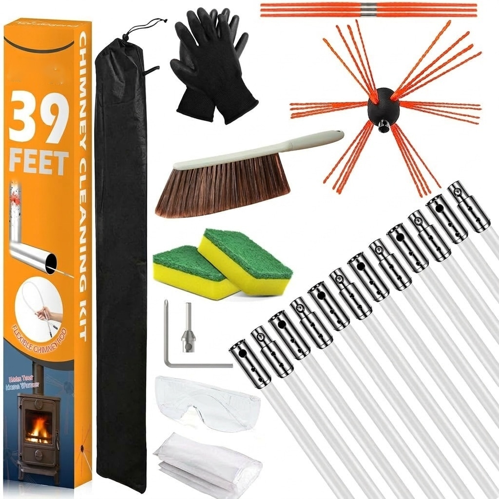 Misopily 39 Feet Chimney Sweep Kit 12 Nylon Flexible Rods Fireplace Cleaning Brush Tool for Soot and Creosote Removal Includes Drill Adapter #L05MS08005