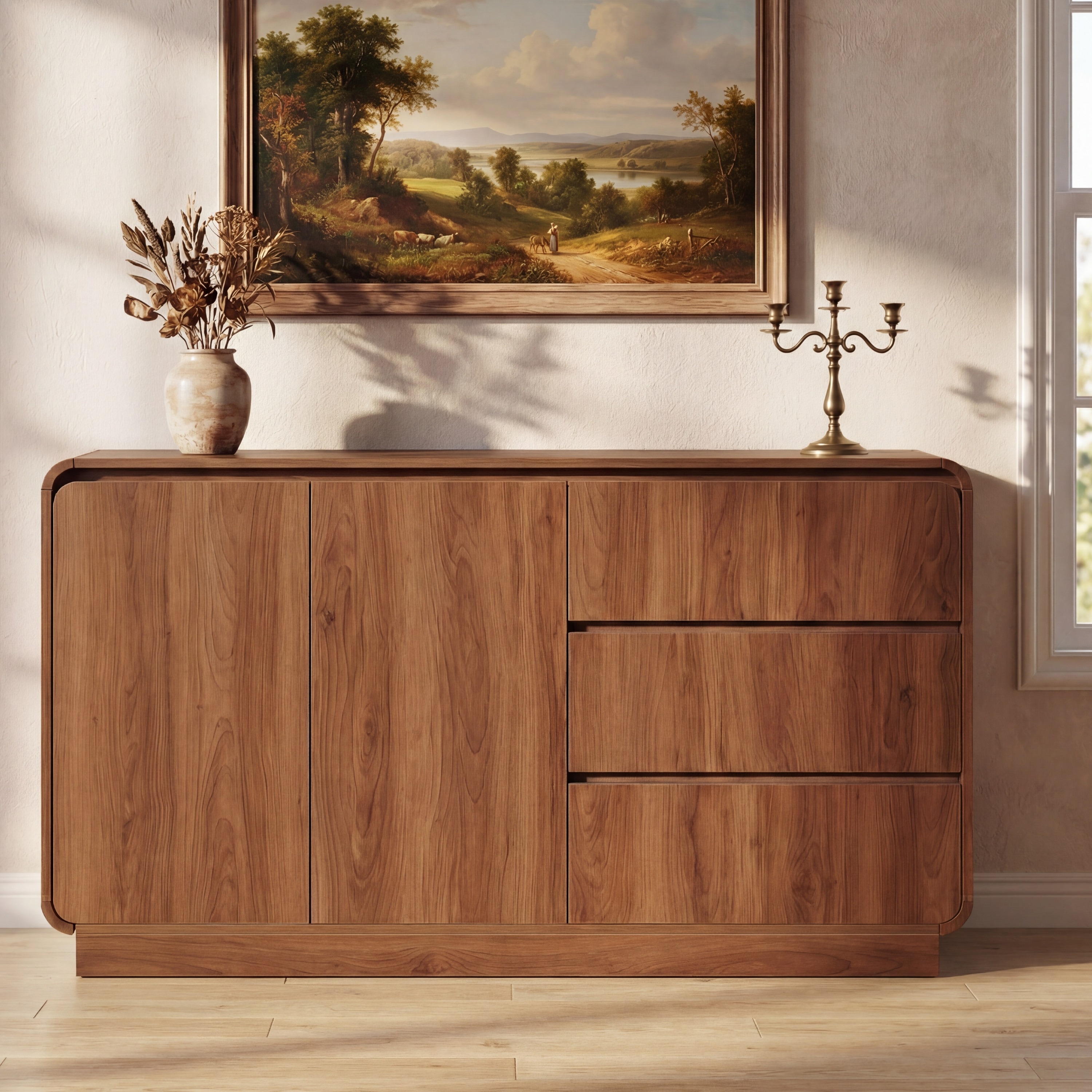 ModernLuxe Assembly Required Modern Light Walnut Sideboard 55.1inch Wide Storage Cabinet with 2 Doors and 3 Drawers Versatile Dining RoomLiving Room