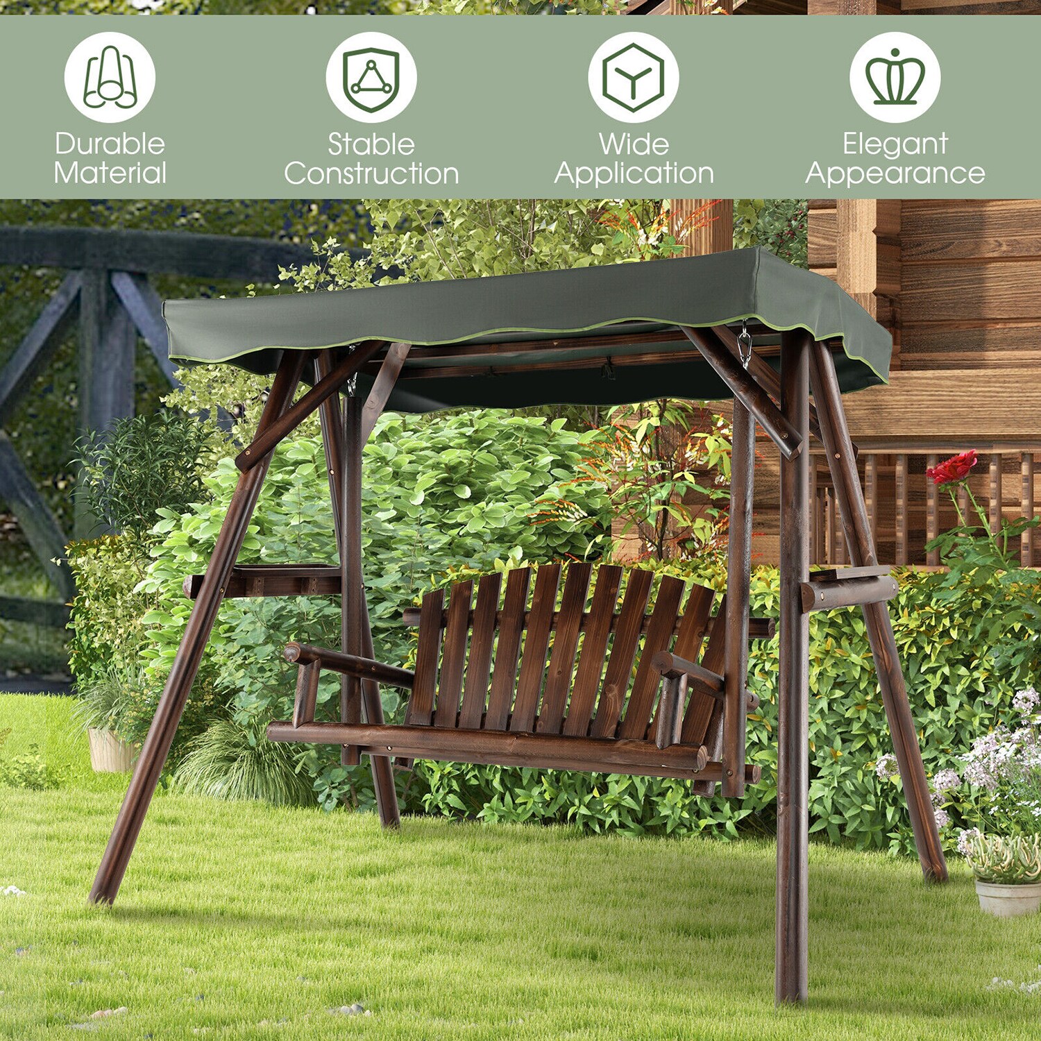 Forclover Outdoor Porch Swing Canopy Swing with A-Frame Design - Brown ...