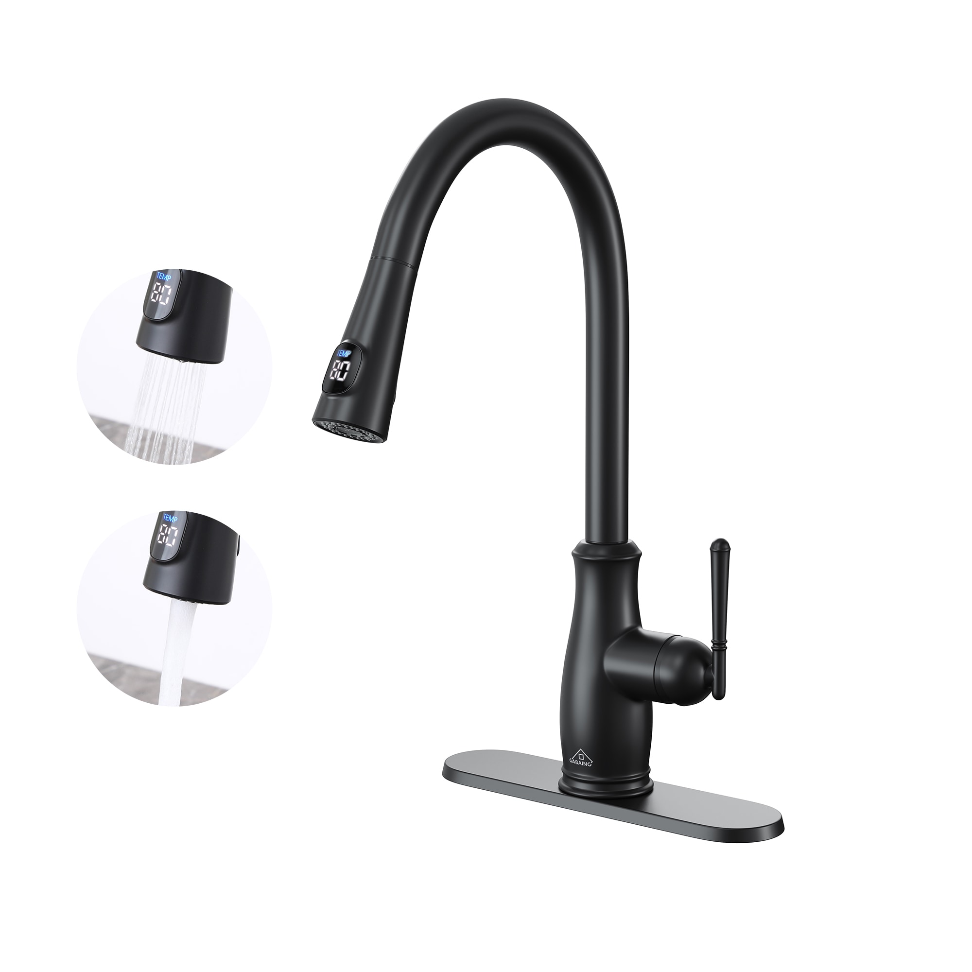 CASAINC CA-D0465-MB 360 Rotation Digital Temperature Pull-out Faucets Matte Black Single Handle Deck-mount Kitchen Faucet with Sprayer ( Deck Plate Included )