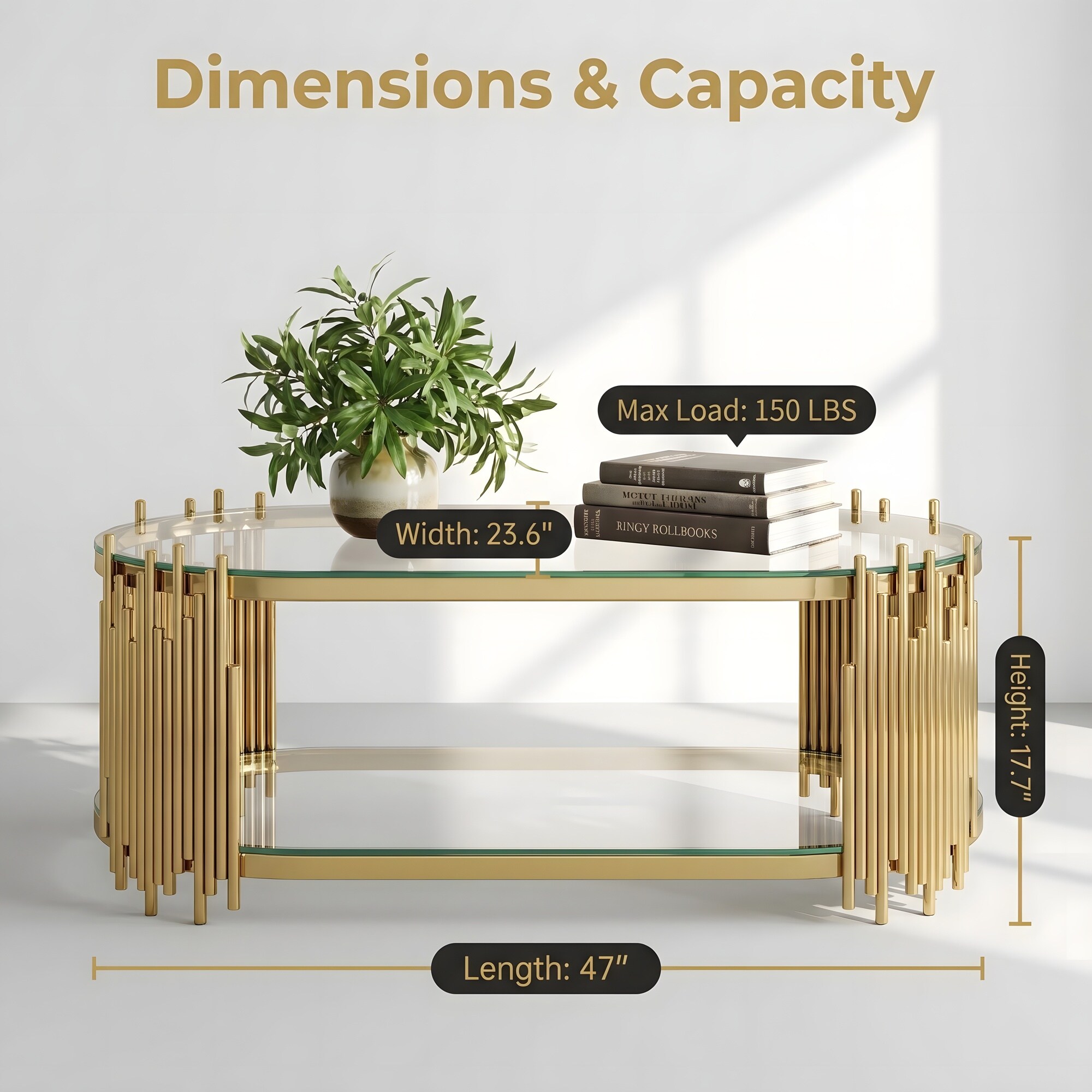 Vorene 47x23.6x17.7-in 2-Tier Glass Coffee Table Gold Organ Pipe Design ...