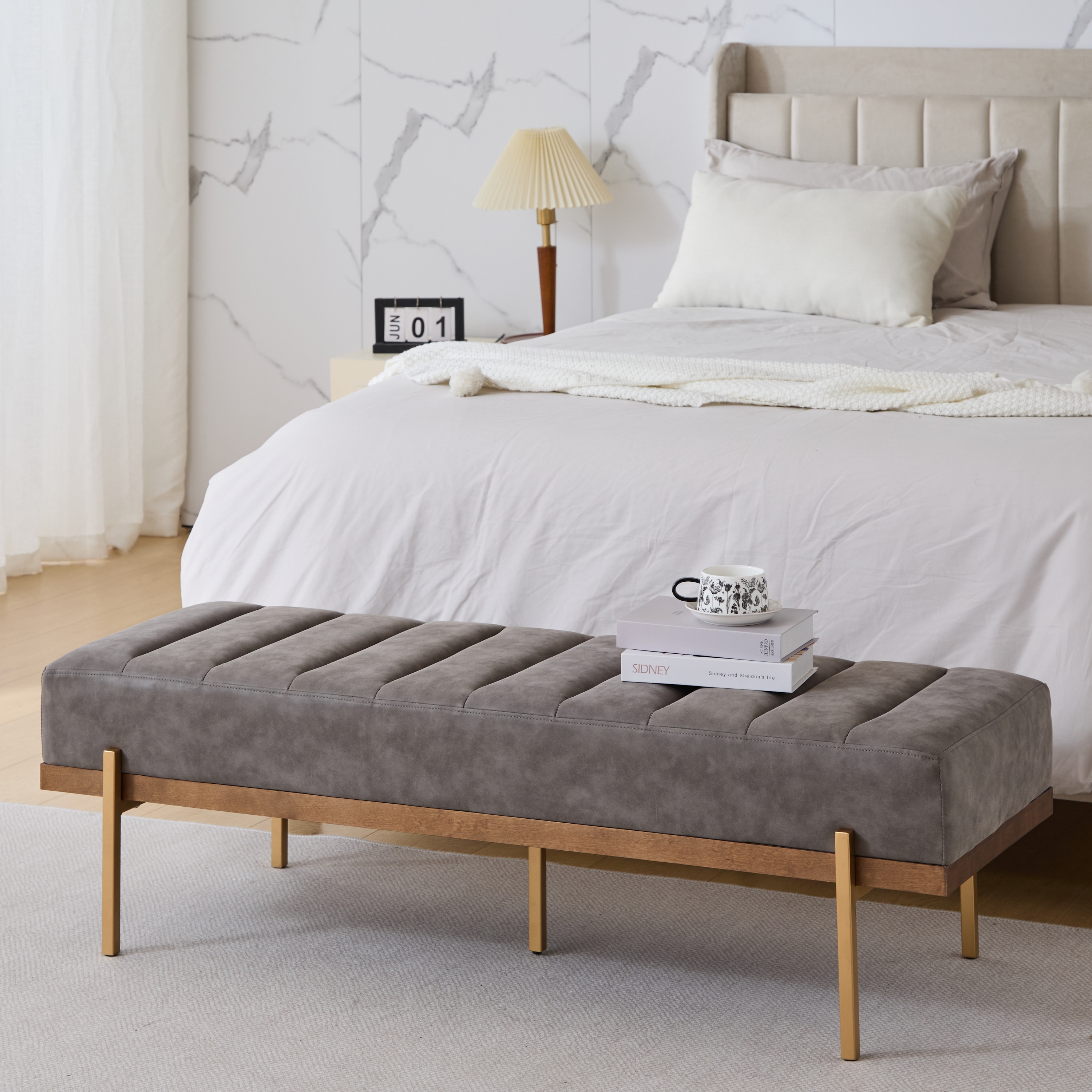 Christopher Knight Home 323868 Sunfay Modern Channel Tufted Bench with Gold Base for Stylish Home Accents