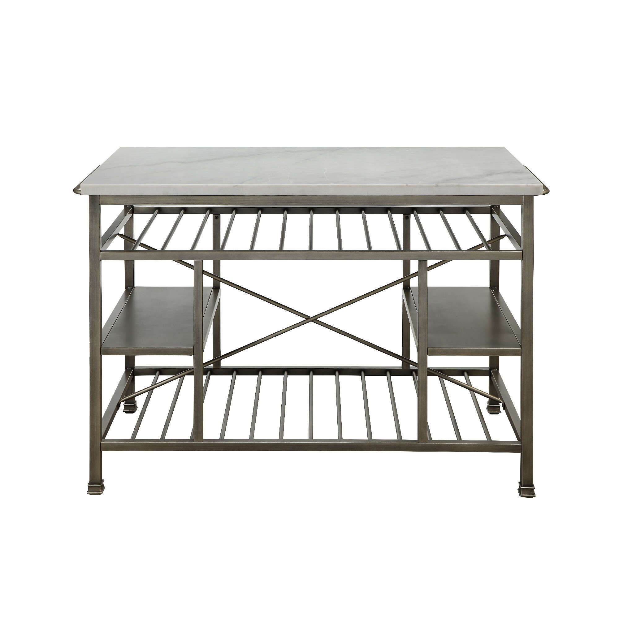 Elegant Gunmetal and White Marble Kitchen Island with Slated Shelves