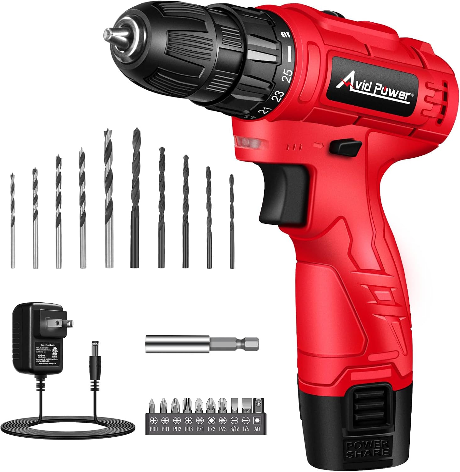 Avid Power  12V Cordless Drill Set Power Driver 21 Bits for DIY-Red Keyless Chuck Torque 2 Speed Setting Max 1400 RPM Rechargeable Battery Charger for Light duty Household Use