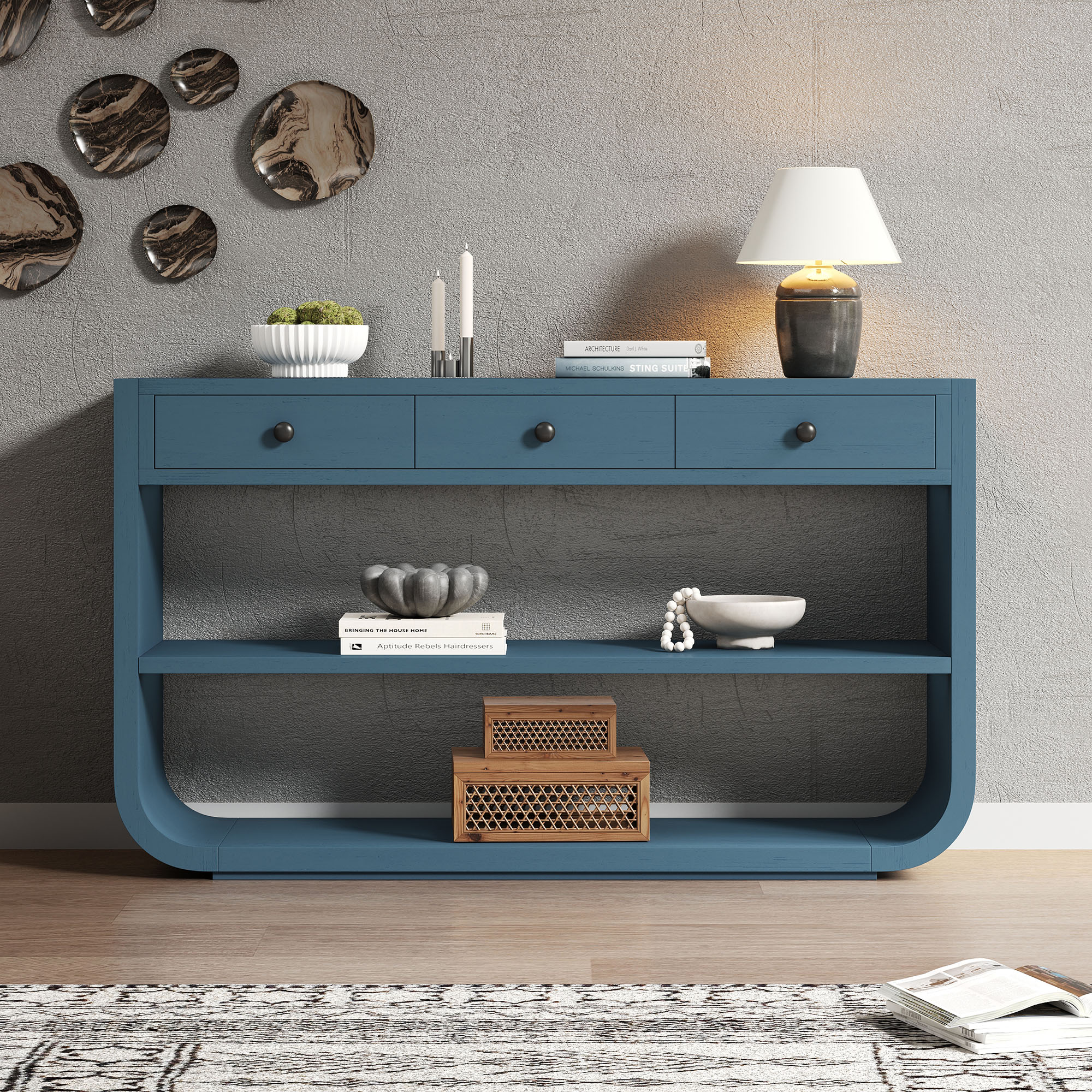 SUNALLY Modern Curved Console Table with 3 Soft Close Drawers and 2 ...