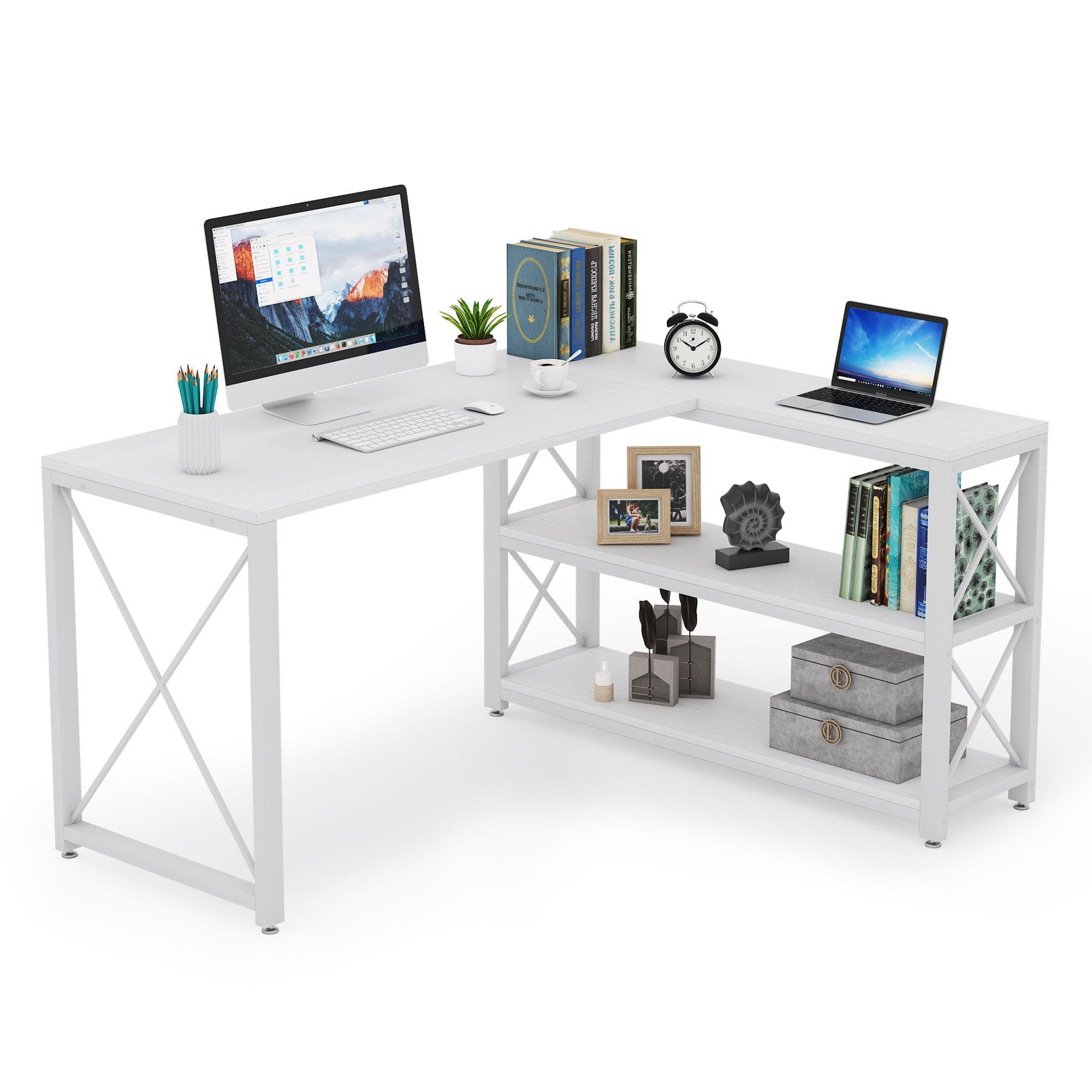 Modern Multi Storage Computer Desk With Storage Beige/white