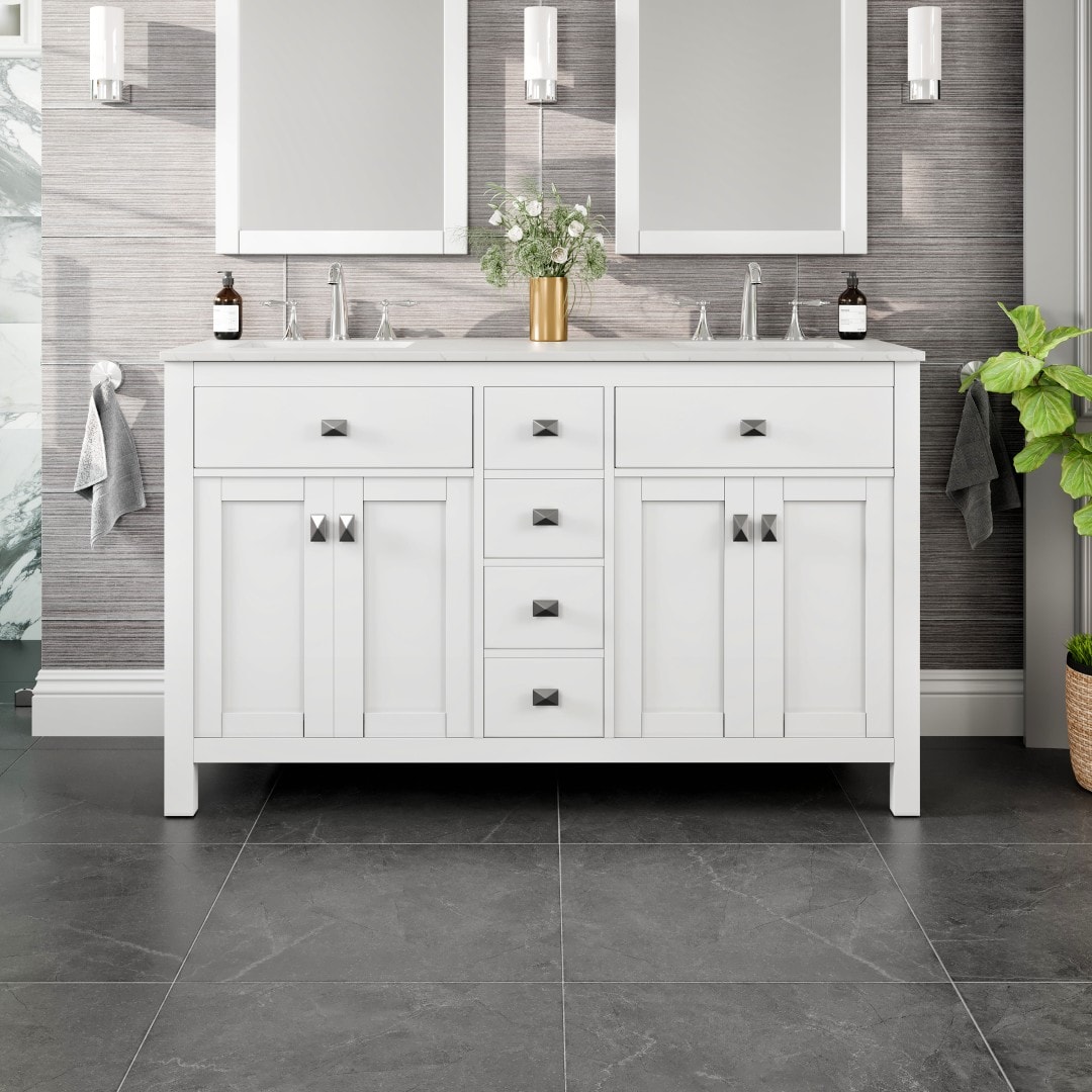 Eviva TVN515-60WH Memphis 60-in White Undermount Double Sink Bathroom Vanity with White Quartz Top