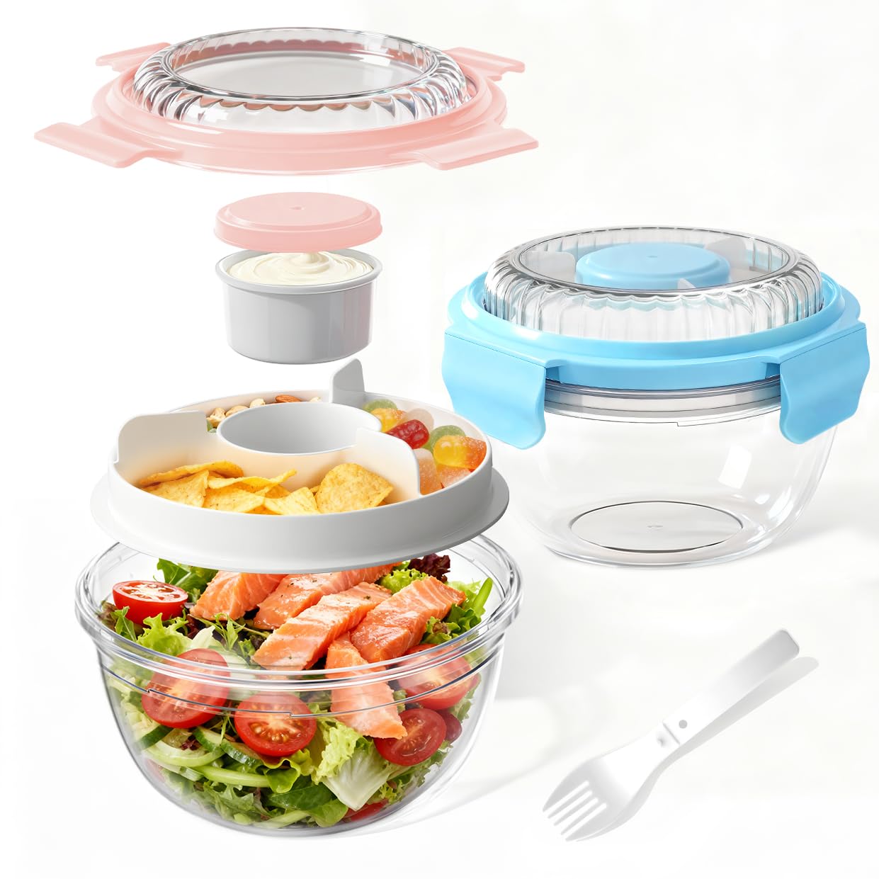 DHMHD 2 Pack 33 OZ Clear Eco Friendly Salad Container Sets Portable Plastic Salad Bowls with Lid Leak Proof Dressing Container Bento Lunch Box #LDH0821X242