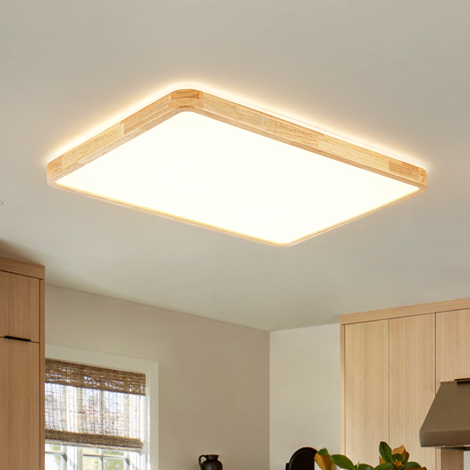 Zicbol 34.65-in Natural Wood Matte White Indoor LED Tunable White Flush Mount Light with Acrylic Shade