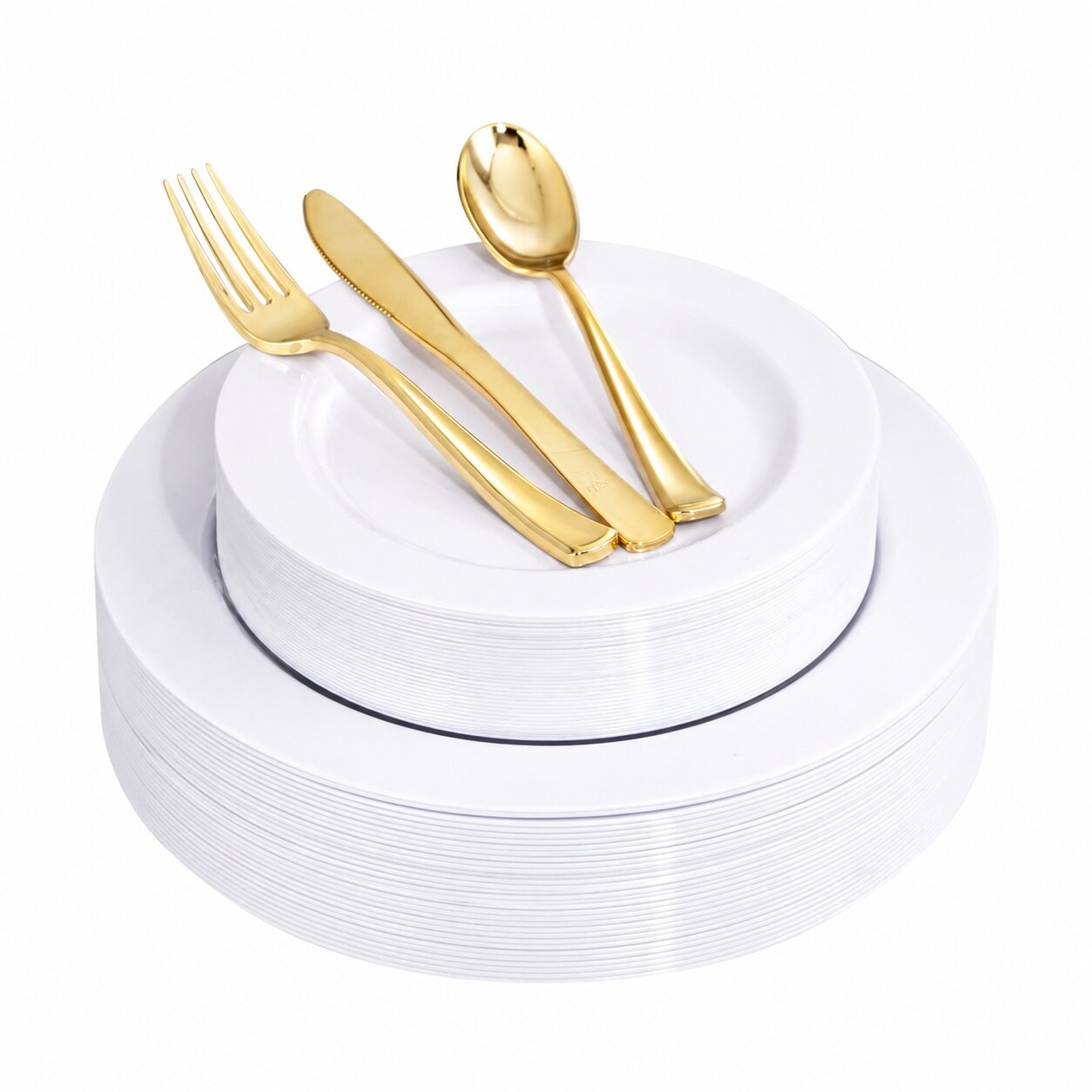 Aoibox  150 Piece White Plastic Plate and Gold Cutlery Set with 60 Dinner and Dessert Plates 30 Forks and Spoons