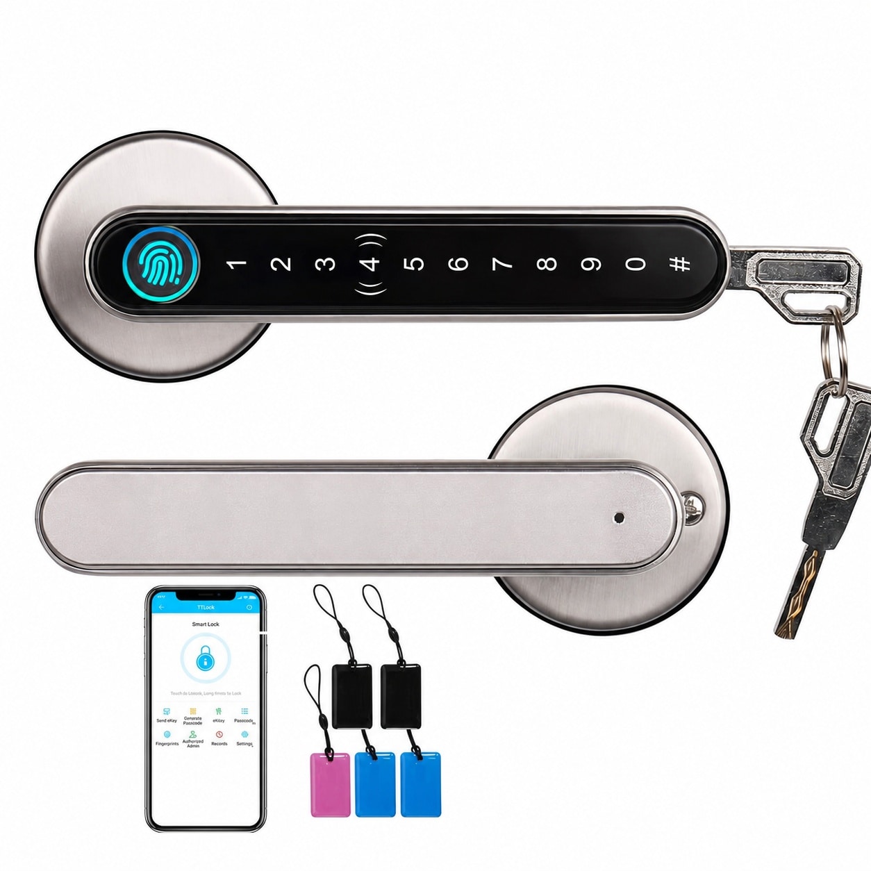 UUDULY  Smart Fingerprint Door Lock 5 in 1 Keyless Entry with Code Card App and Key Satin Nickel Fits Standard Doors for Home Office Hotel