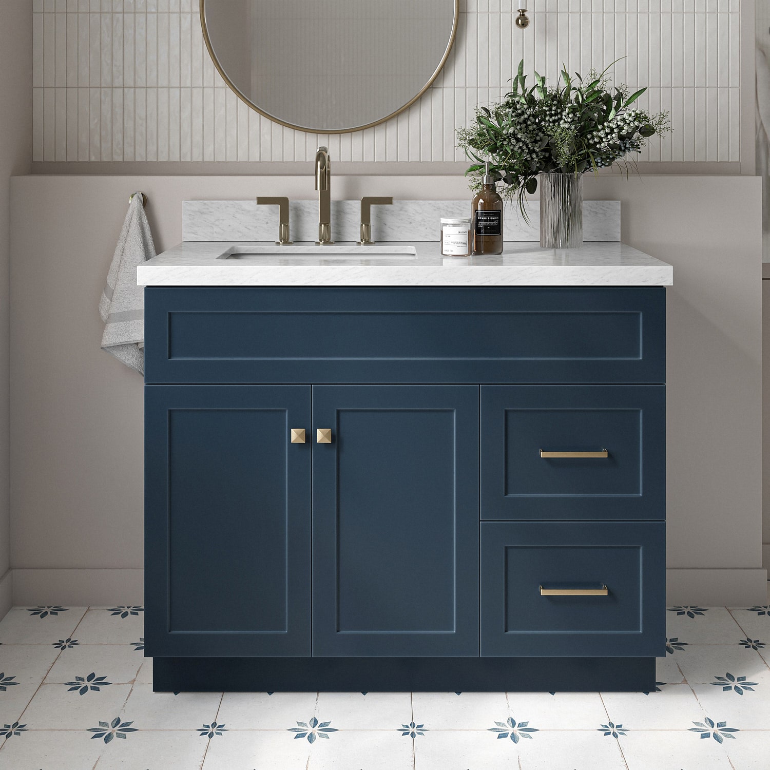 ARIEL F043SLCWRVOMNB Hamlet 43-in Midnight Blue Undermount Single sink Bathroom Vanity with Carrara White Marble Marble Top